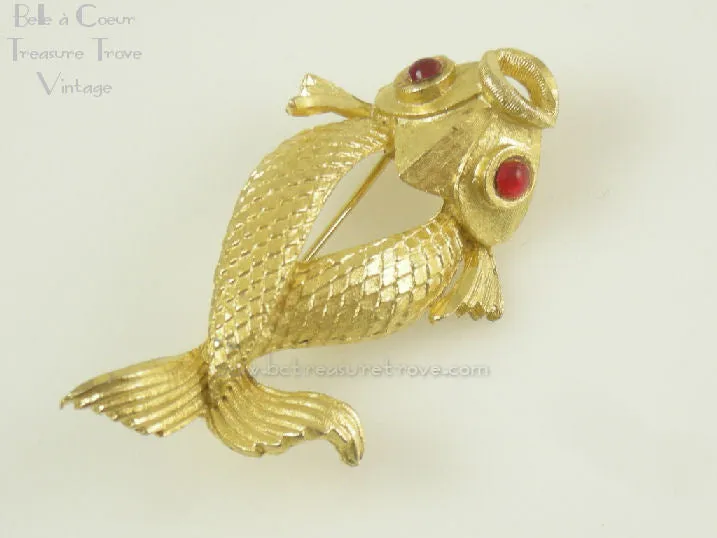 Goldtone Fish Brooch with Red Eyes Vintage Pin Signed BSK