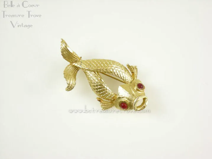 Goldtone Fish Brooch with Red Eyes Vintage Pin Signed BSK