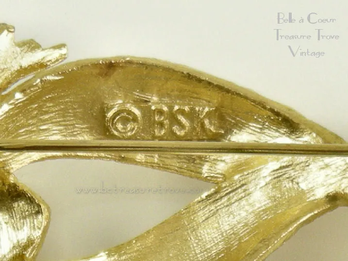 Goldtone Fish Brooch with Red Eyes Vintage Pin Signed BSK
