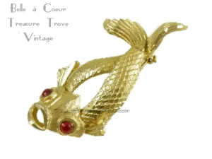 Goldtone Fish Brooch with Red Eyes Vintage Pin Signed BSK