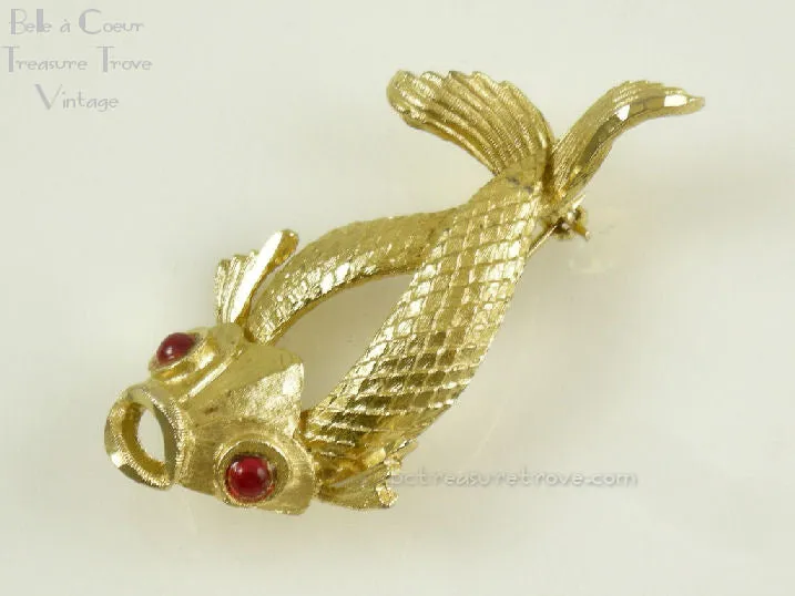 Goldtone Fish Brooch with Red Eyes Vintage Pin Signed BSK