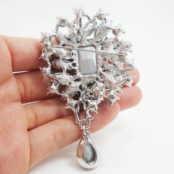 Gorgeous Flower Drop Green Rhinestone Crystal Brooch Pin Pendant