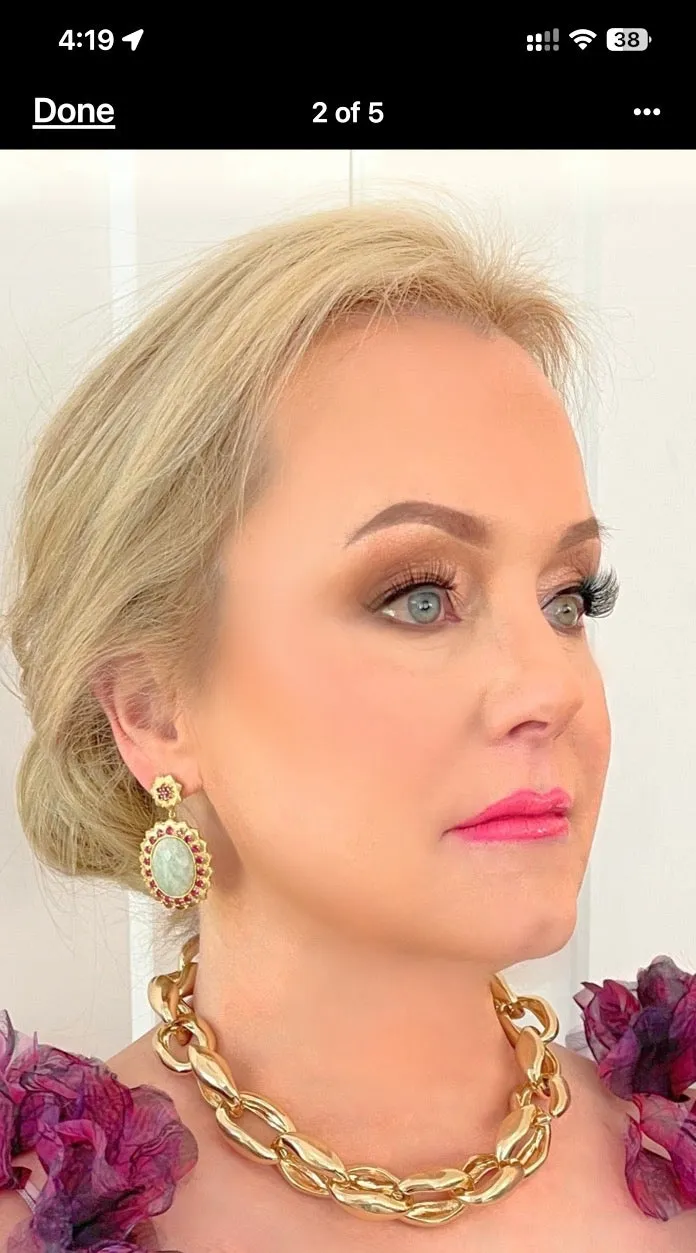 Green Amazonite Gemstone and Pink Bezel Statement Earrings 2"