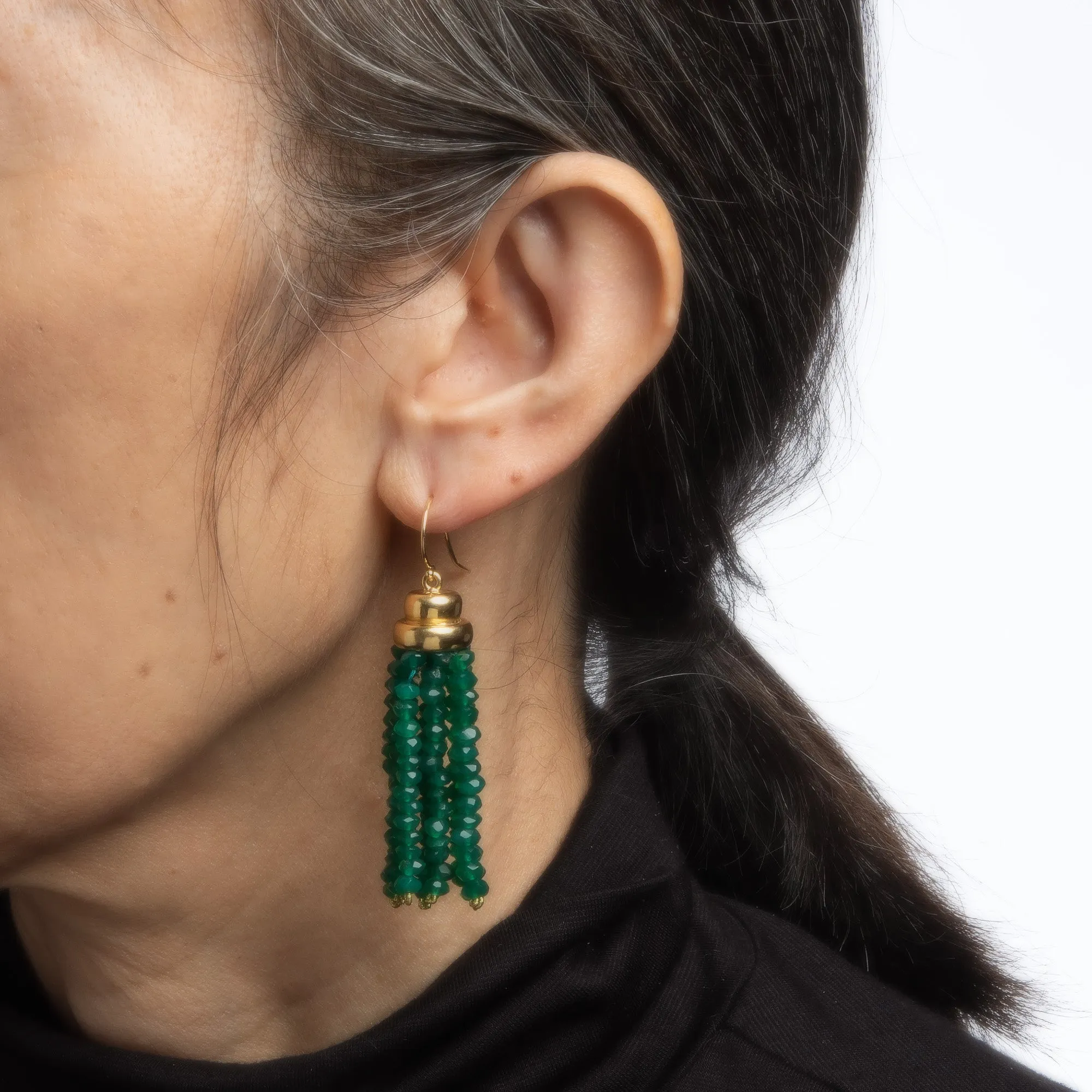 Green Chrysoprase Fringe Earrings Vintage 18k Gold 2.25" Drops Estate Jewelry
