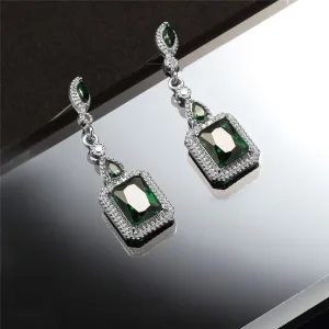 Green Crystal & Silver-Plated Emerald-Cut Drop Earrings