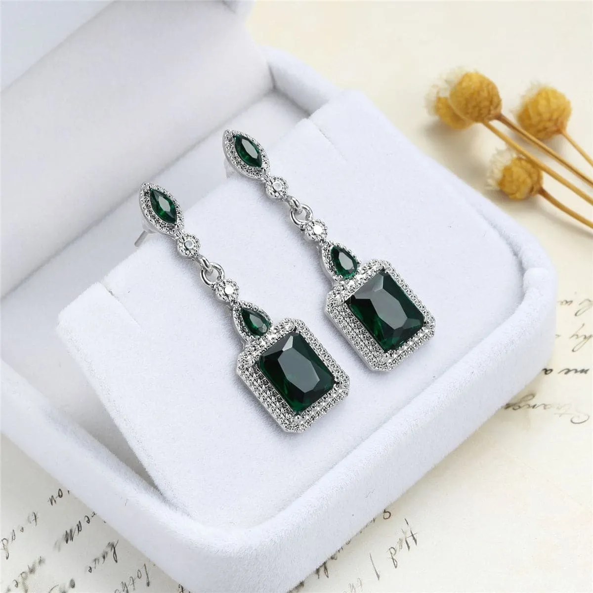 Green Crystal & Silver-Plated Emerald-Cut Drop Earrings