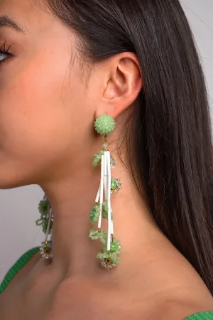 Green Crystal Beaded Braided Flower Drop Earrings