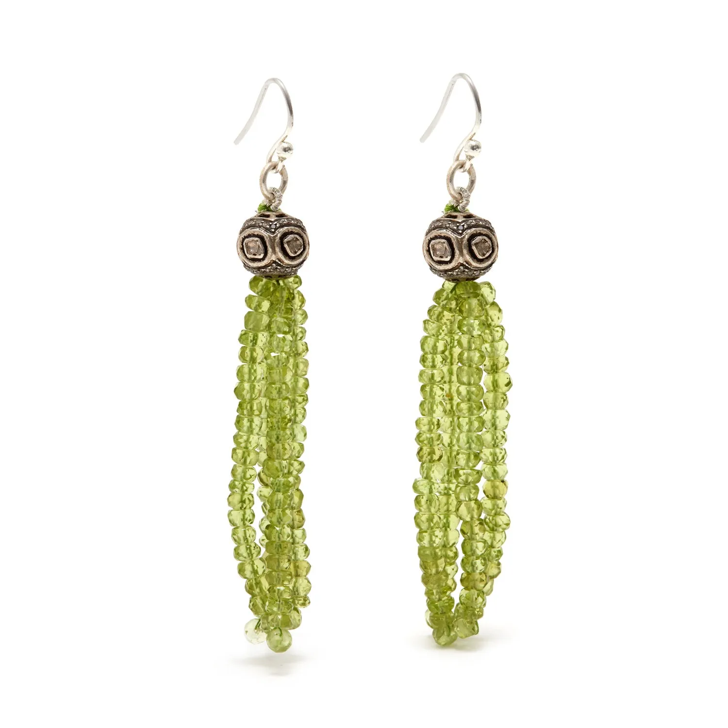 Green Peridot Diamond Disco Ball Tassel Earrings