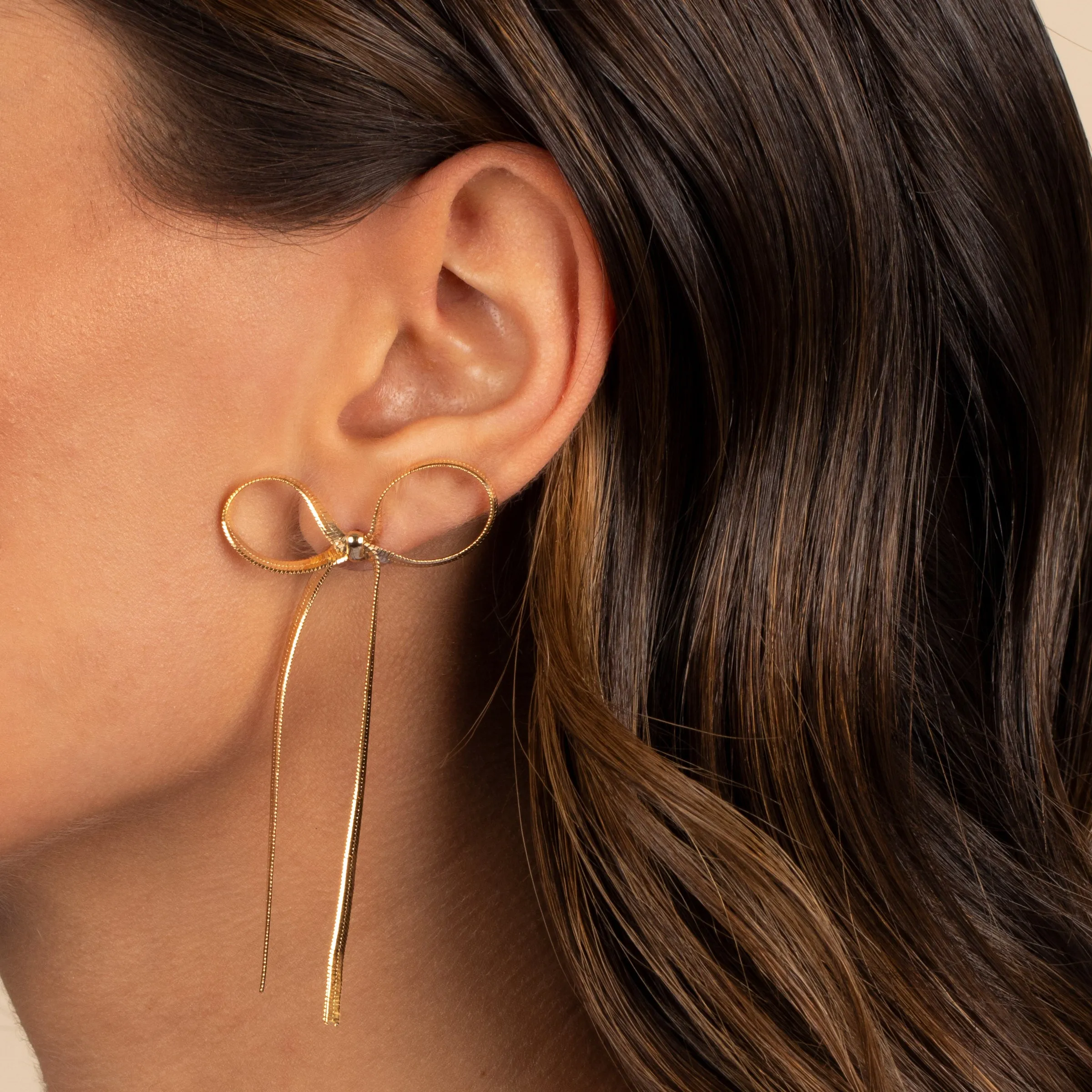 Herringbone Bow Tie Long Drop Stud Earring