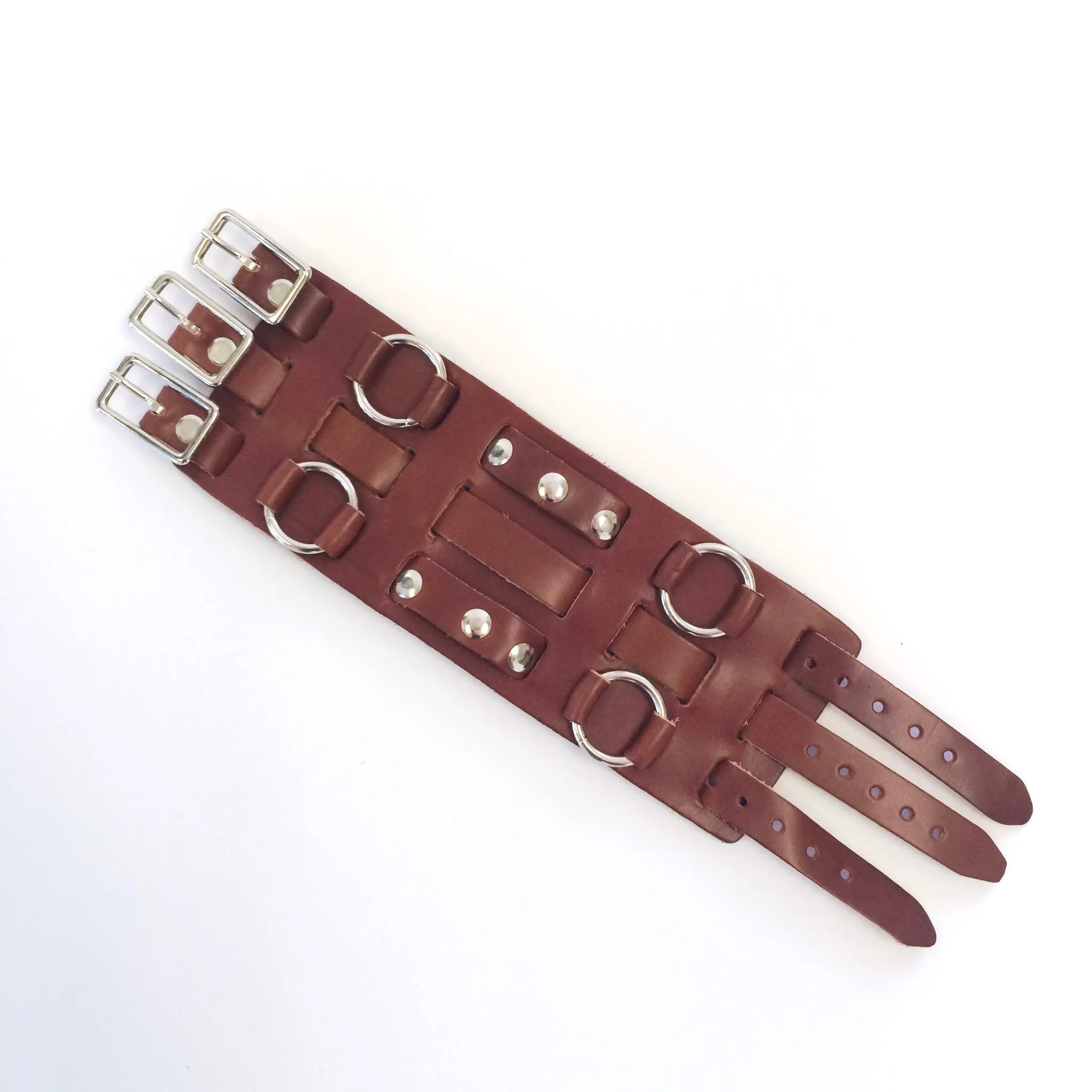 HRB-22C - Studded Wrist Cuff w/ Four Rings- Brown