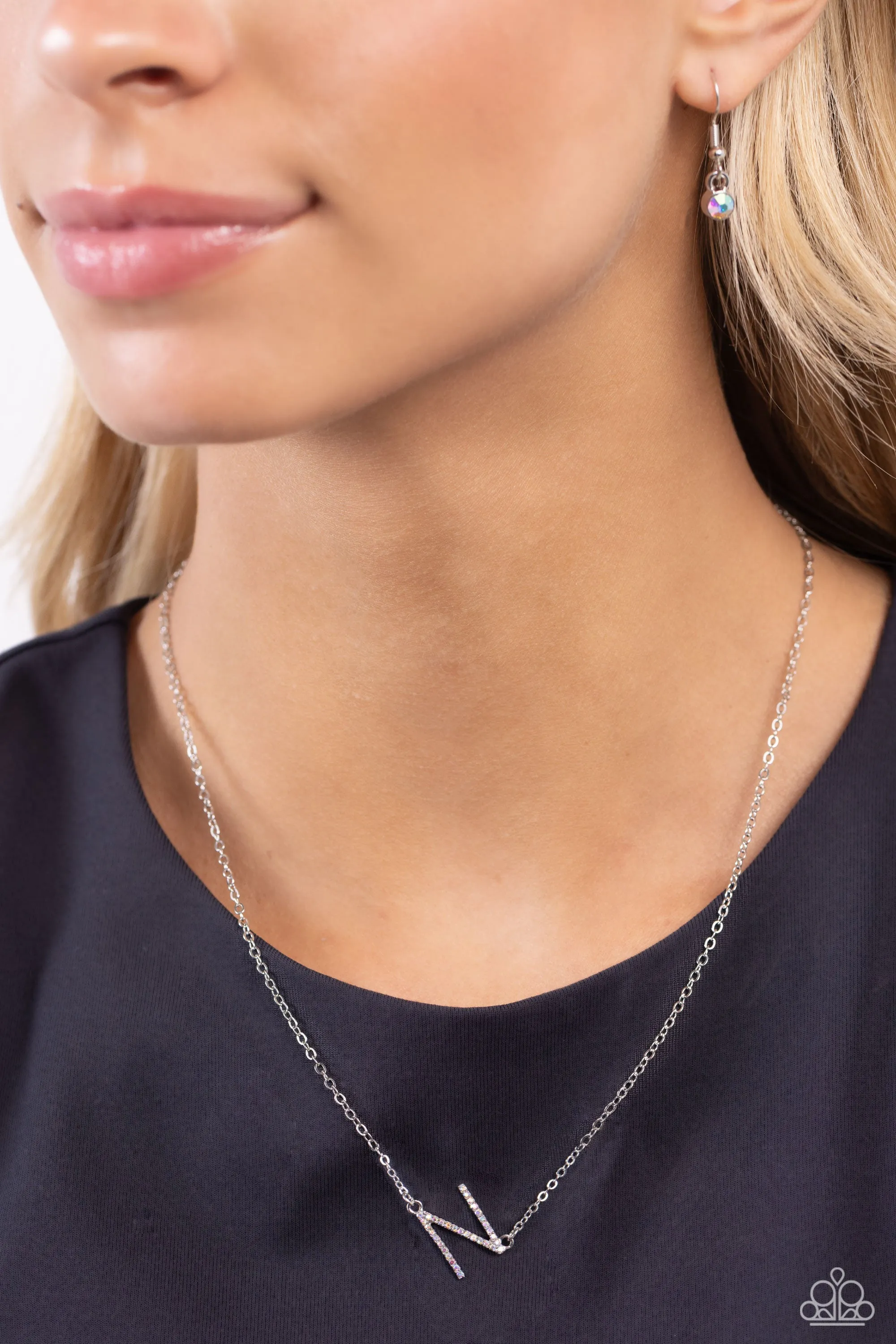 INITIALLY Yours - N - Multi Iridescent Rhinestone Letter Paparazzi Short Necklace