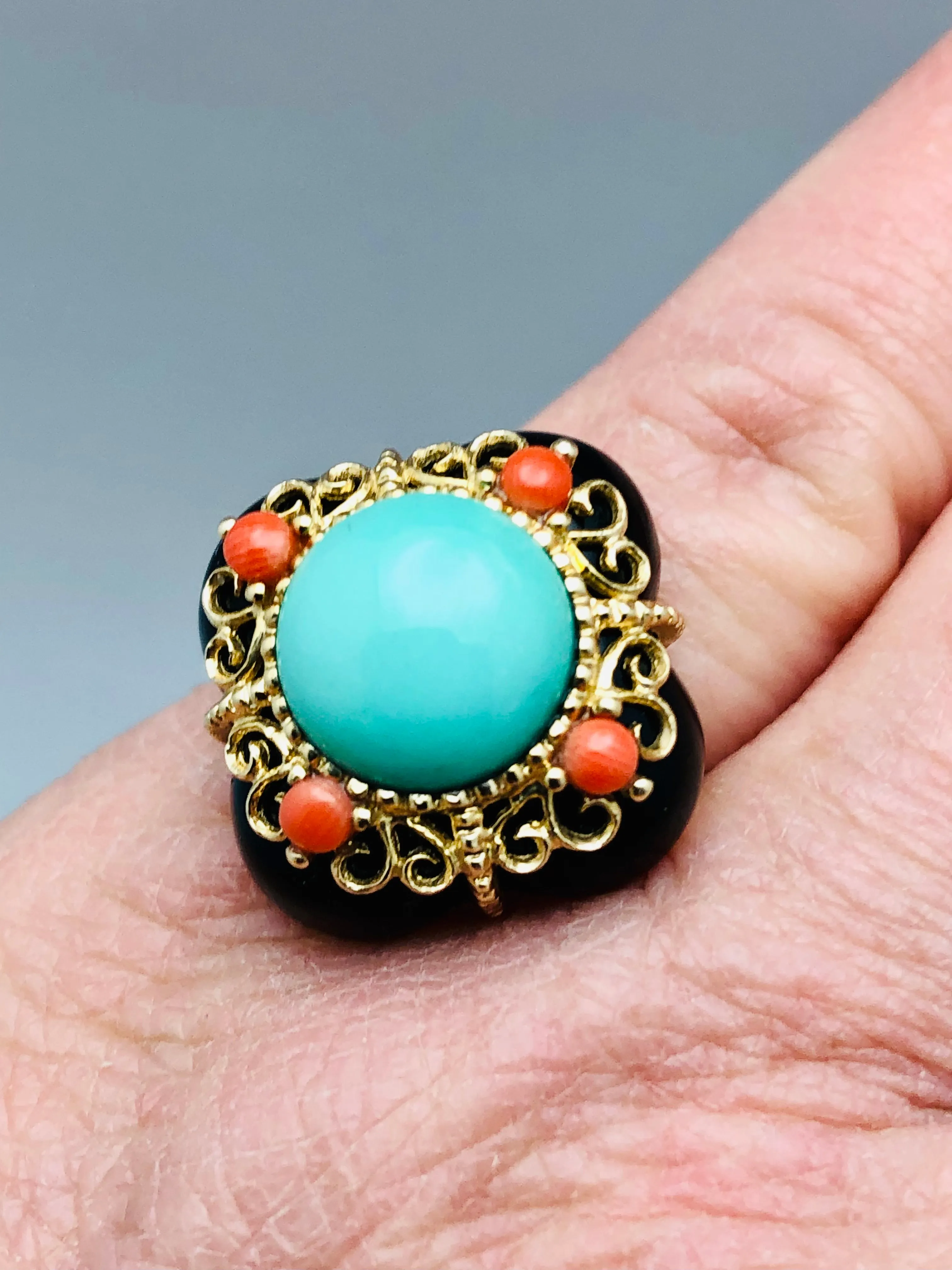 Italian Onyx Turquoise & Coral 14k Yellow Gold Ring