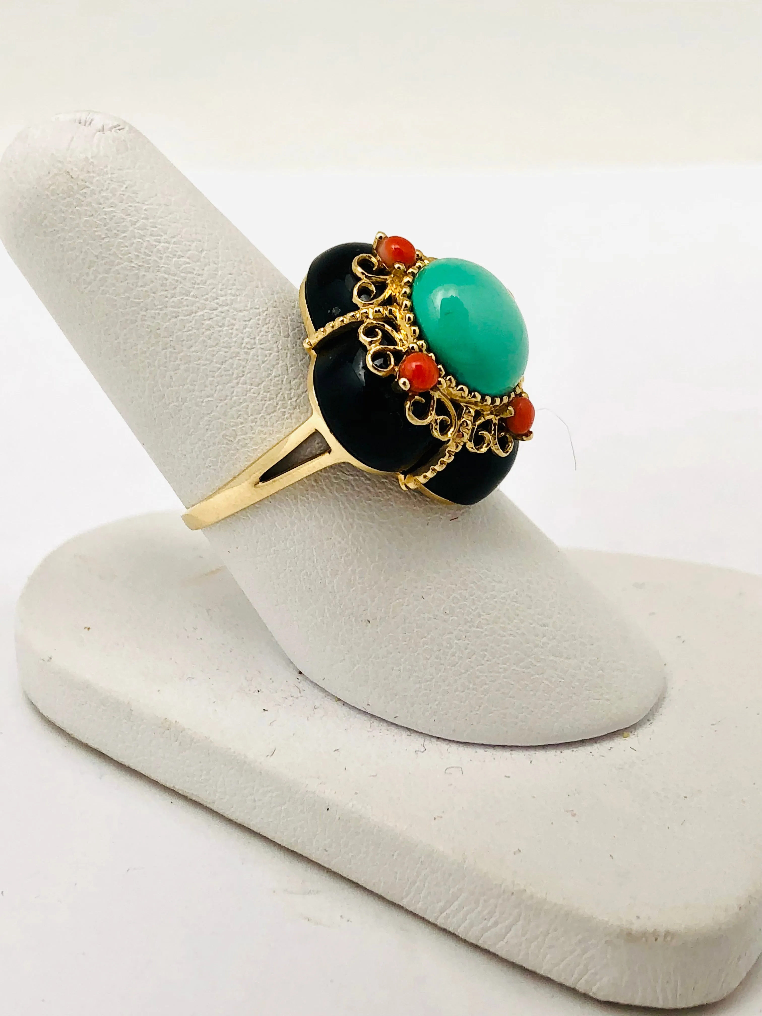 Italian Onyx Turquoise & Coral 14k Yellow Gold Ring
