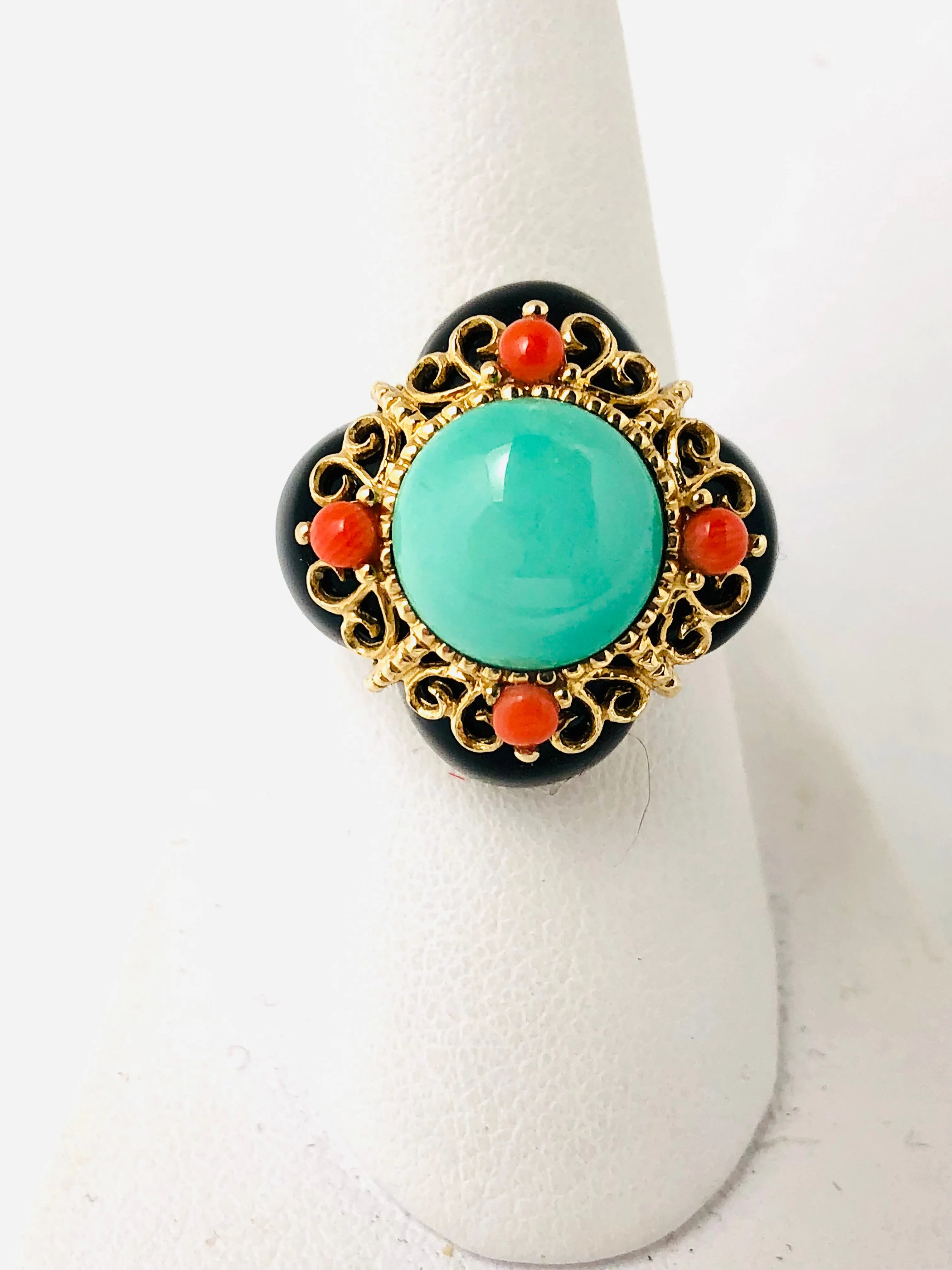 Italian Onyx Turquoise & Coral 14k Yellow Gold Ring