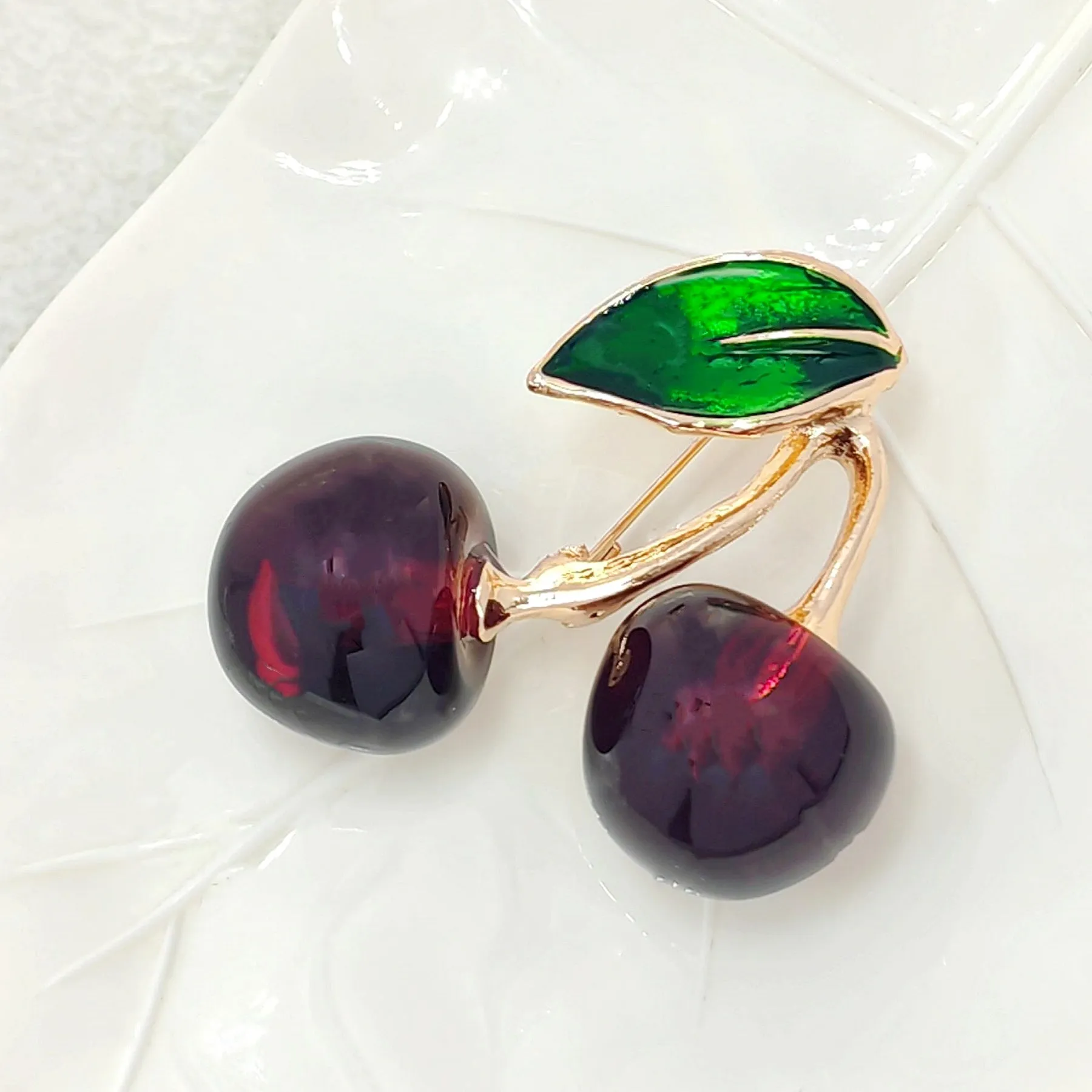 Jewelblings Adorable Enamel Green Leaf Double Red Cherry Brooch Resin Pin Attractive Fruit Jewelry for Women Suit Sweater Coat Shawl Wrap Dress