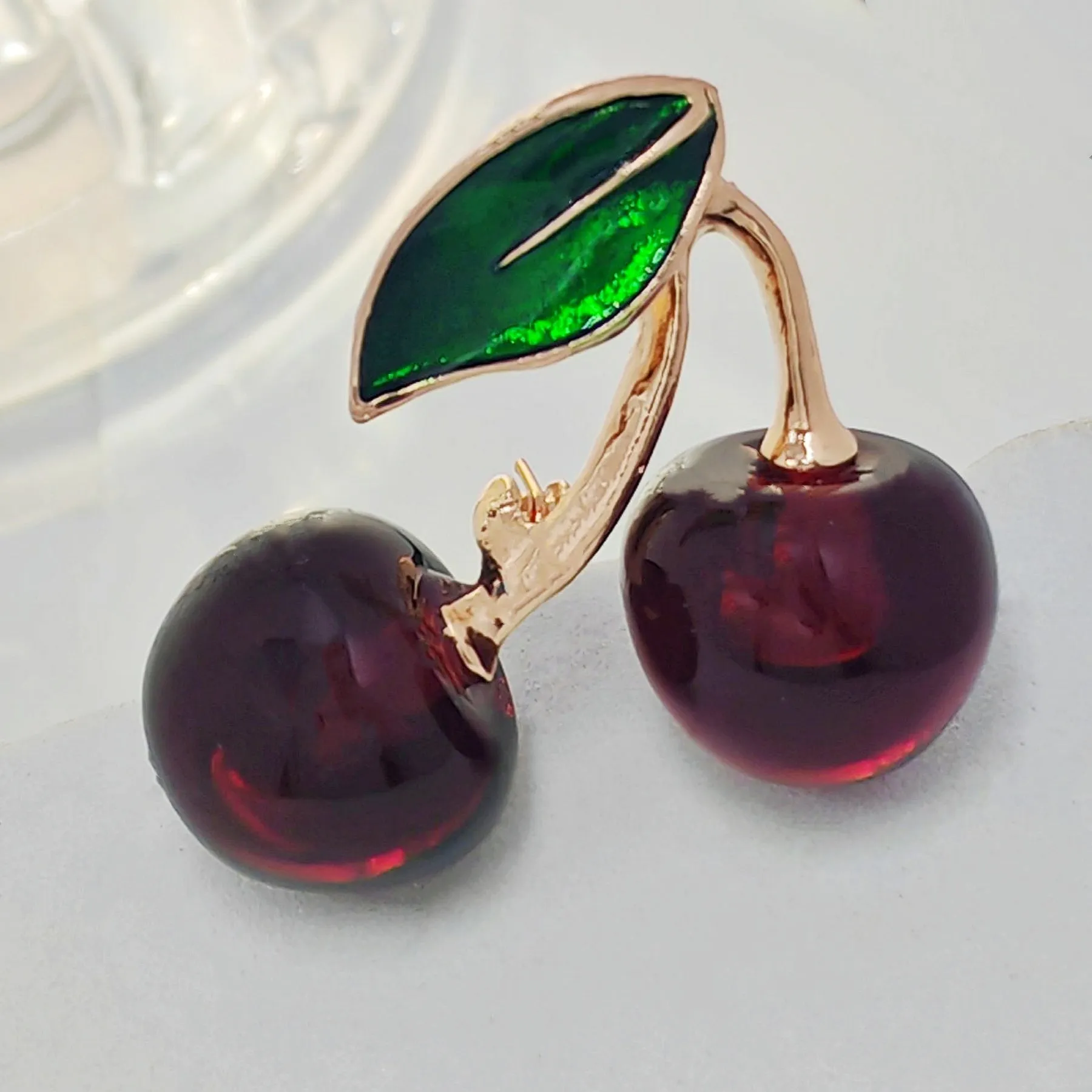 Jewelblings Adorable Enamel Green Leaf Double Red Cherry Brooch Resin Pin Attractive Fruit Jewelry for Women Suit Sweater Coat Shawl Wrap Dress