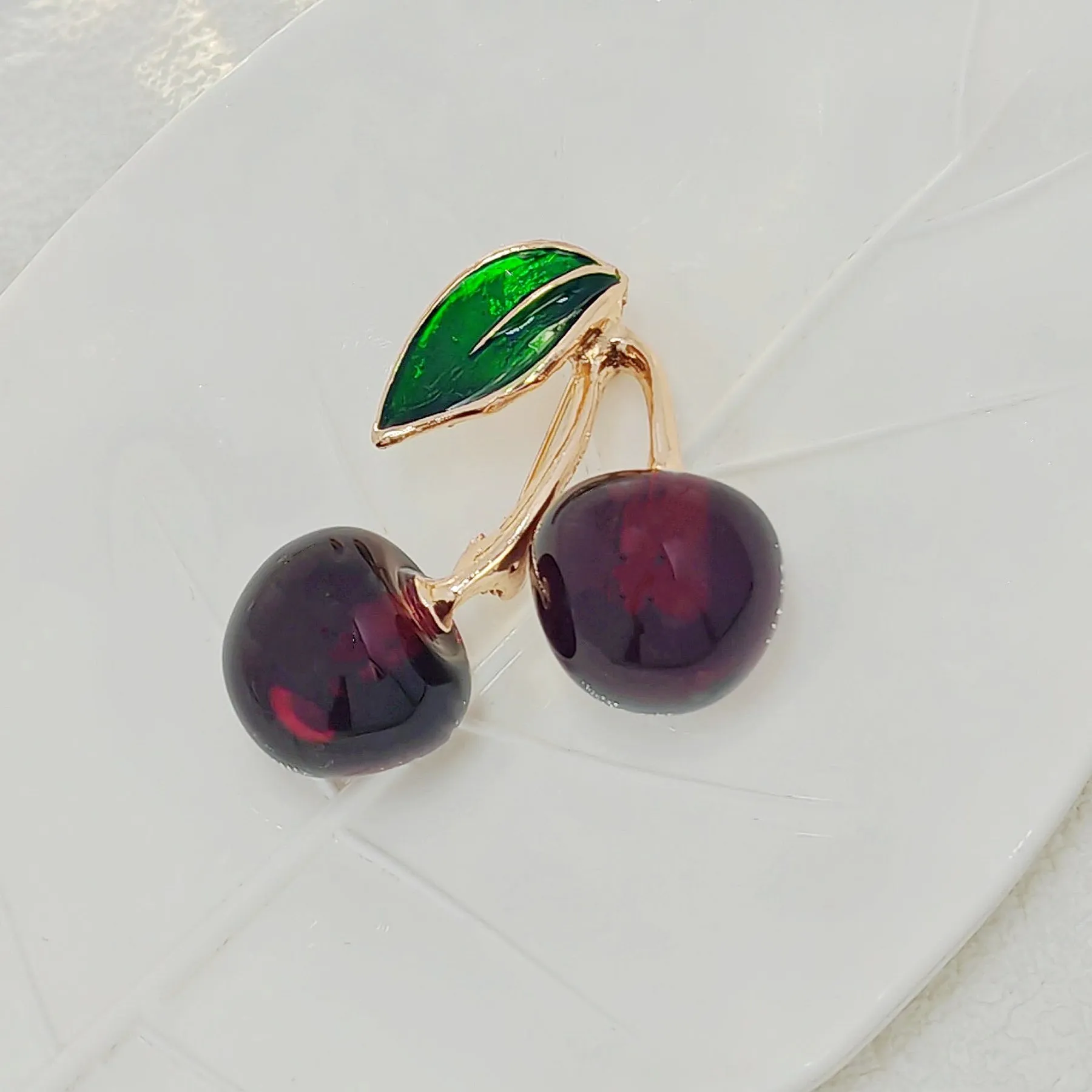 Jewelblings Adorable Enamel Green Leaf Double Red Cherry Brooch Resin Pin Attractive Fruit Jewelry for Women Suit Sweater Coat Shawl Wrap Dress