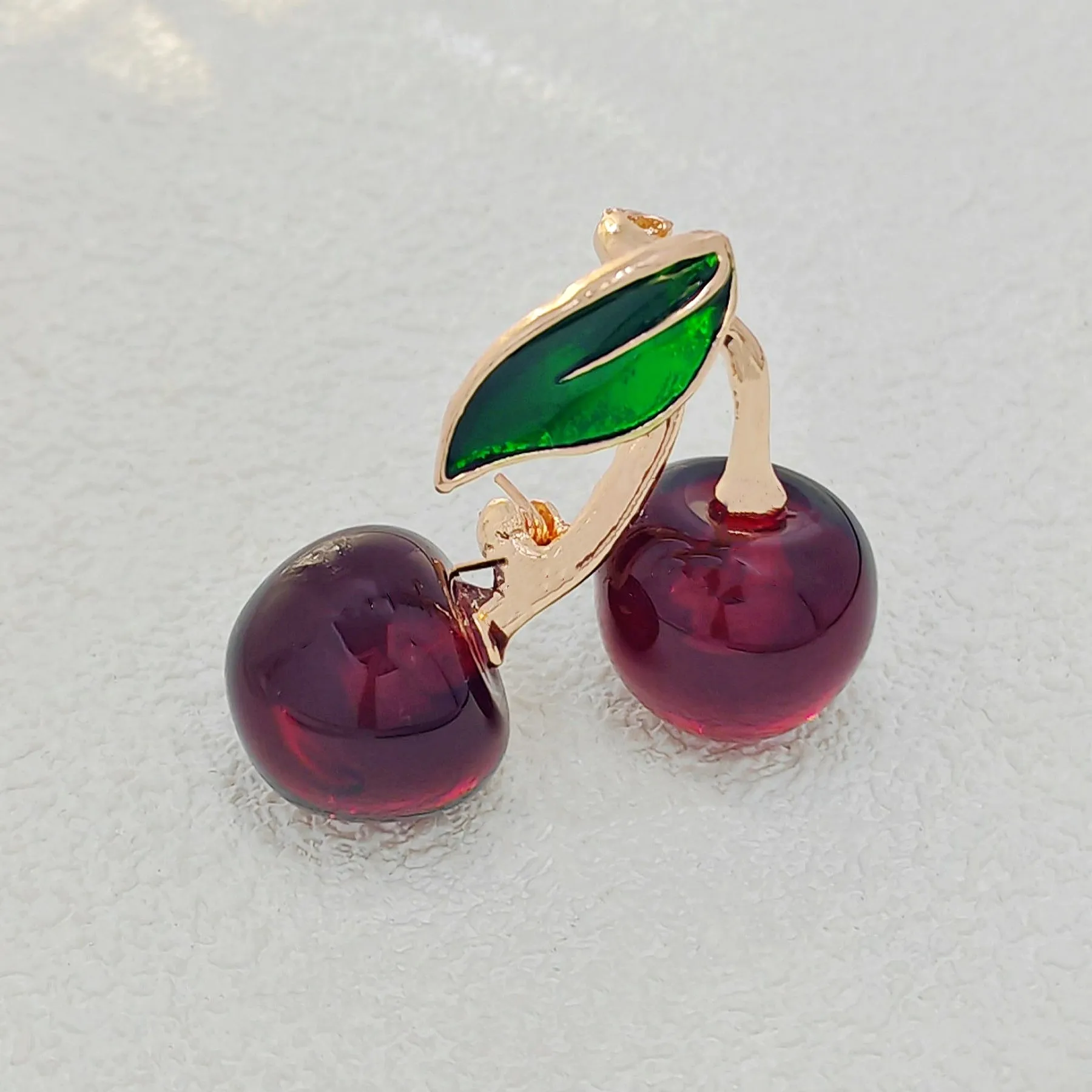 Jewelblings Adorable Enamel Green Leaf Double Red Cherry Brooch Resin Pin Attractive Fruit Jewelry for Women Suit Sweater Coat Shawl Wrap Dress