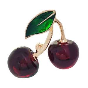 Jewelblings Adorable Enamel Green Leaf Double Red Cherry Brooch Resin Pin Attractive Fruit Jewelry for Women Suit Sweater Coat Shawl Wrap Dress