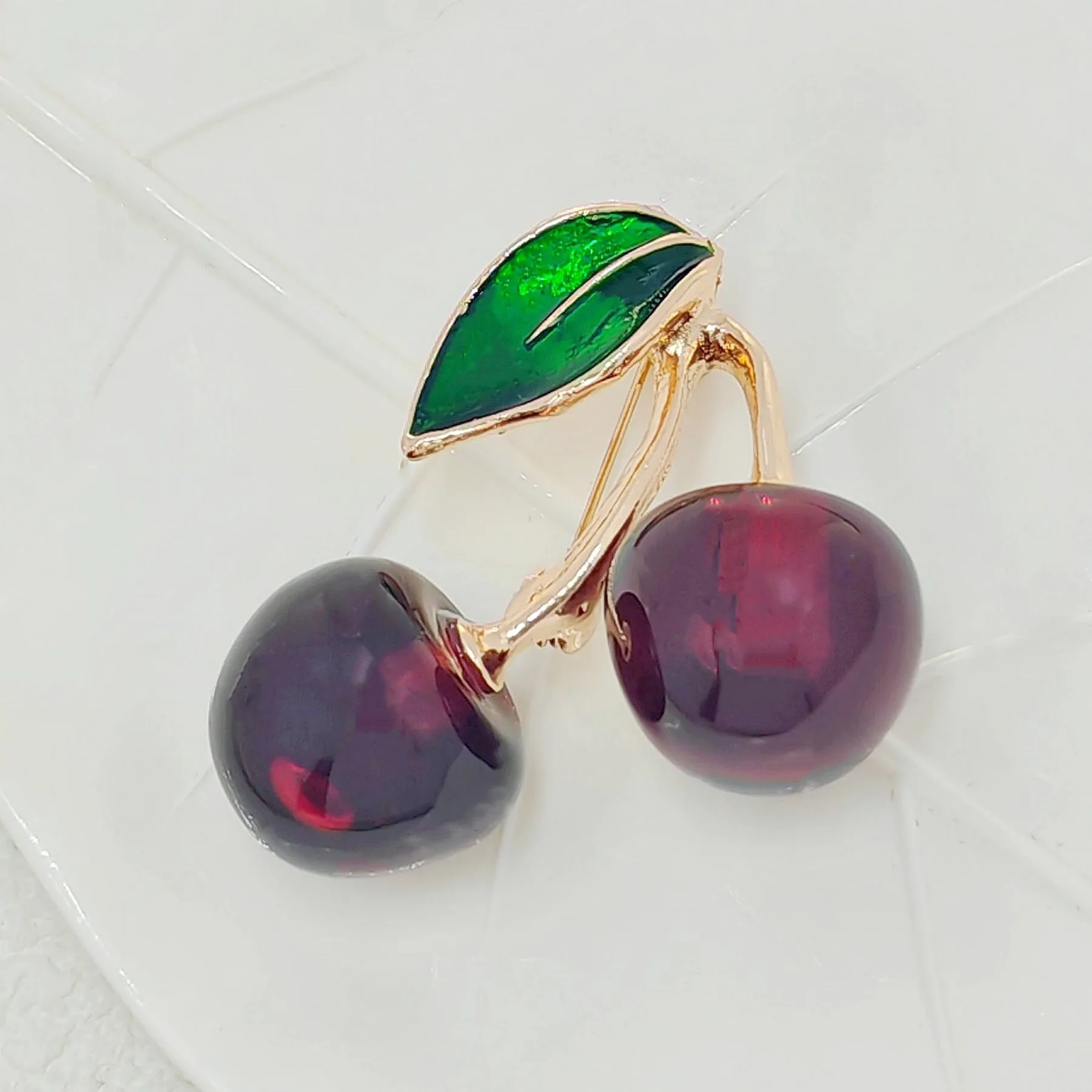 Jewelblings Adorable Enamel Green Leaf Double Red Cherry Brooch Resin Pin Attractive Fruit Jewelry for Women Suit Sweater Coat Shawl Wrap Dress