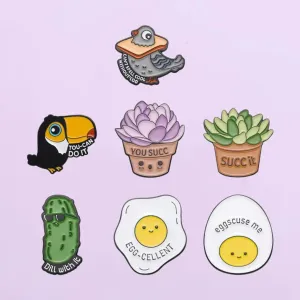 Kawaii Animal & Plant Enamel Pins 🌿🦜 Cute Brooches - Toucan, Pigeon, Succulent & More! 🥚🥒