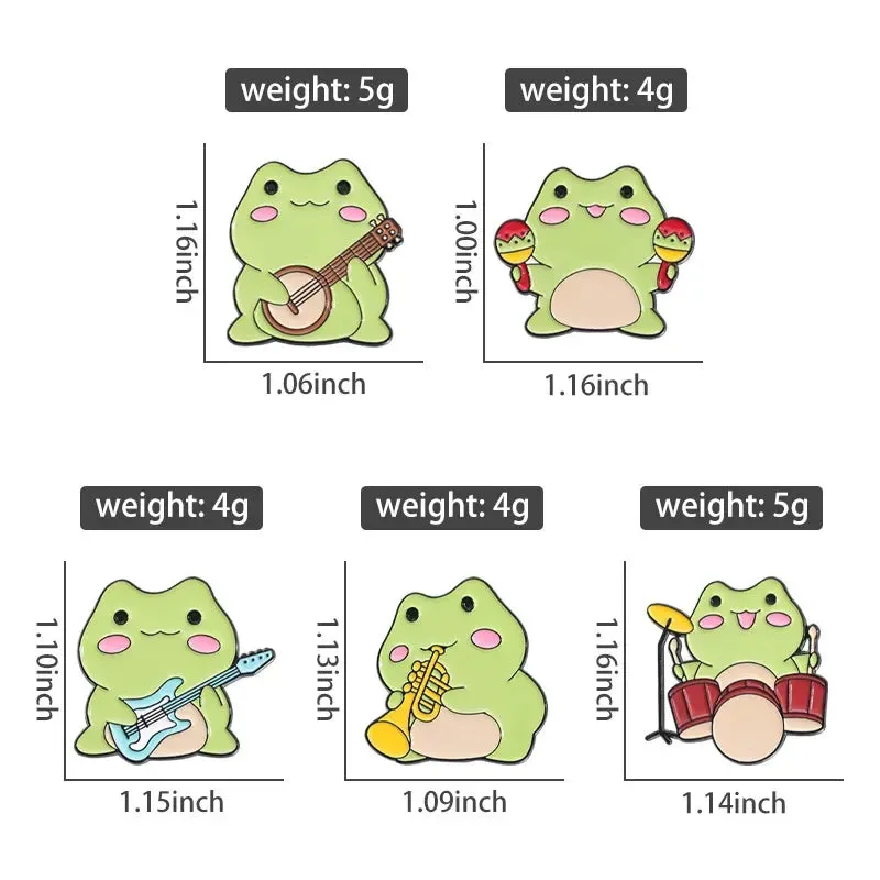 Kawaii Cartoon Frog Band Enamel Pins 🎶🐸 | Fun Drum & Guitar Brooches for Kids & Friends 🎸✨ | Cute Lapel Badges & Jewelry Gift