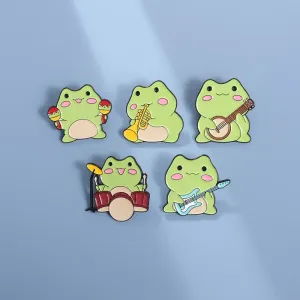 Kawaii Cartoon Frog Band Enamel Pins 🎶🐸 | Fun Drum & Guitar Brooches for Kids & Friends 🎸✨ | Cute Lapel Badges & Jewelry Gift