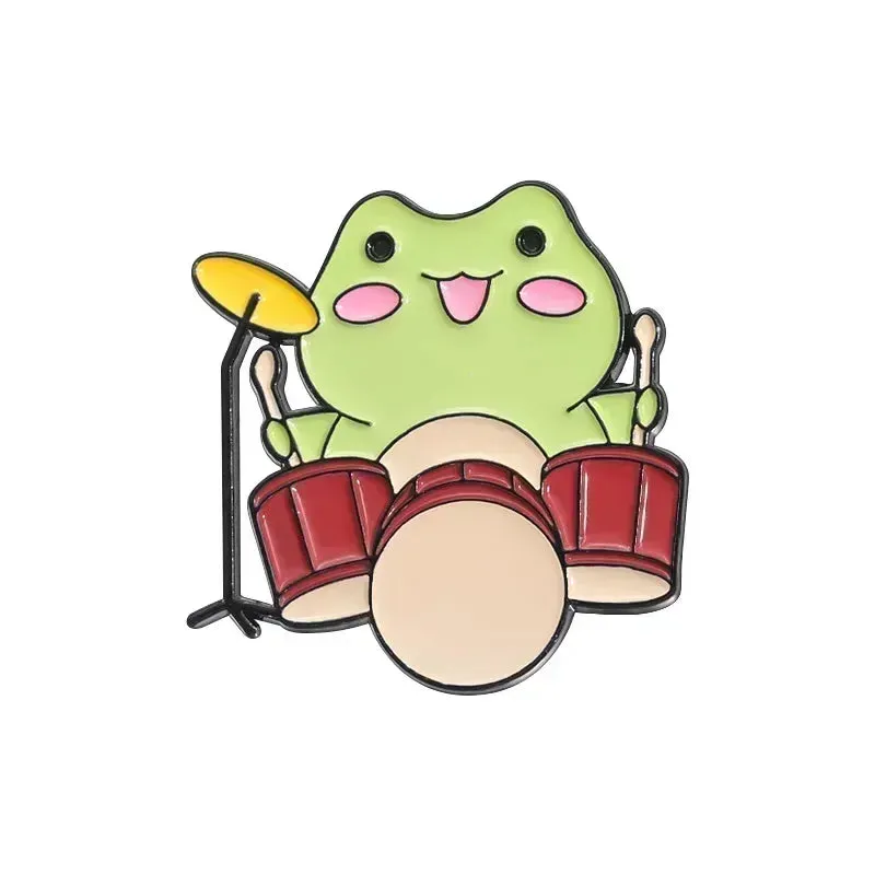 Kawaii Cartoon Frog Band Enamel Pins 🎶🐸 | Fun Drum & Guitar Brooches for Kids & Friends 🎸✨ | Cute Lapel Badges & Jewelry Gift