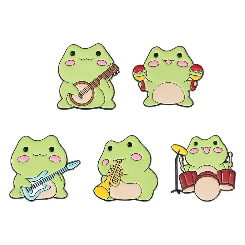 Kawaii Cartoon Frog Band Enamel Pins 🎶🐸 | Fun Drum & Guitar Brooches for Kids & Friends 🎸✨ | Cute Lapel Badges & Jewelry Gift