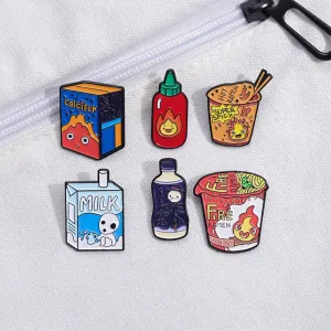 Kawaii Fire Demon Ramen Enamel Pins 🍜✨ Custom Cartoon Brooches for Kids 🎒 Adorable Anime Jewelry Gift