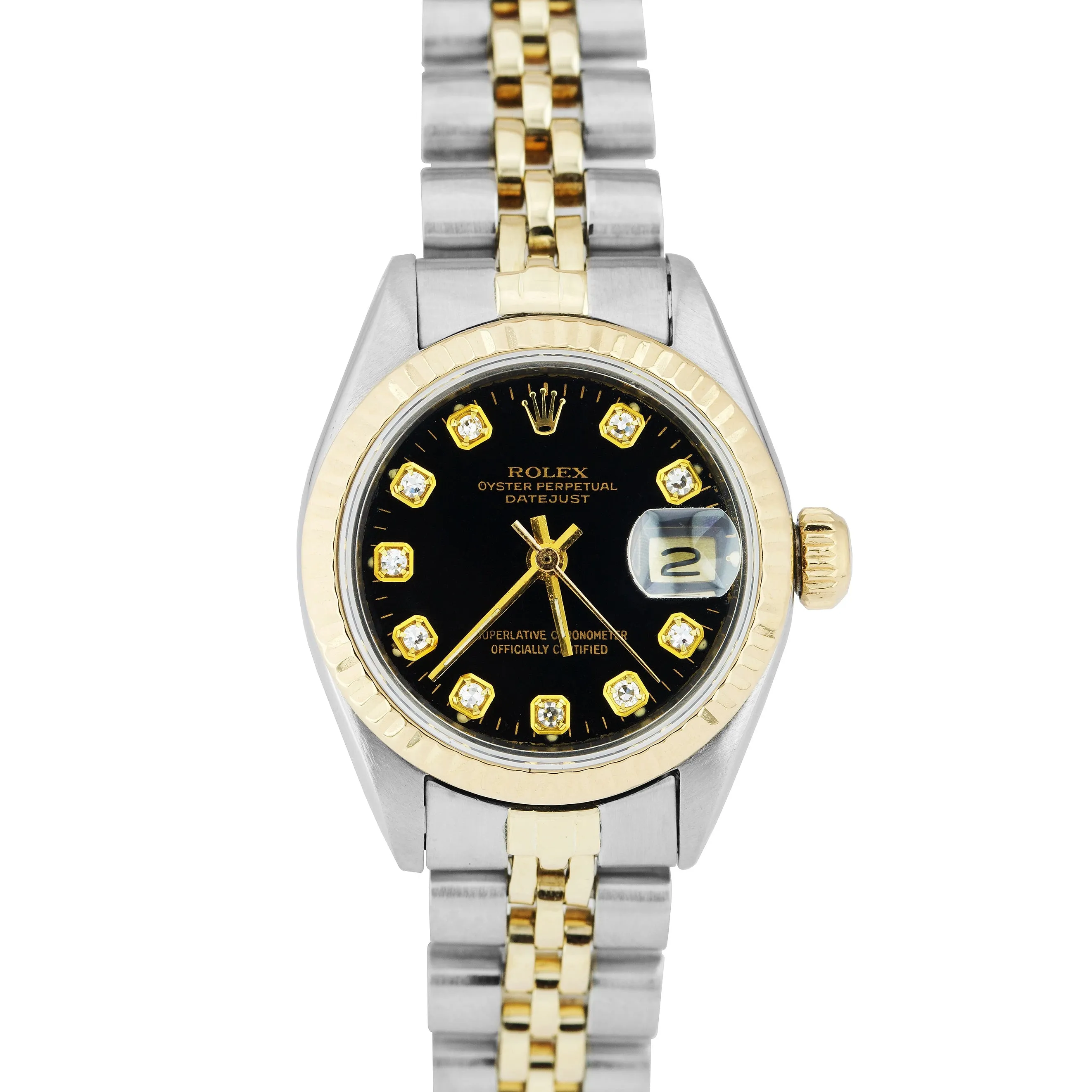Ladies Rolex 26mm 6917 Two-Tone Gold Steel Black Diamond Dial Watch DateJust
