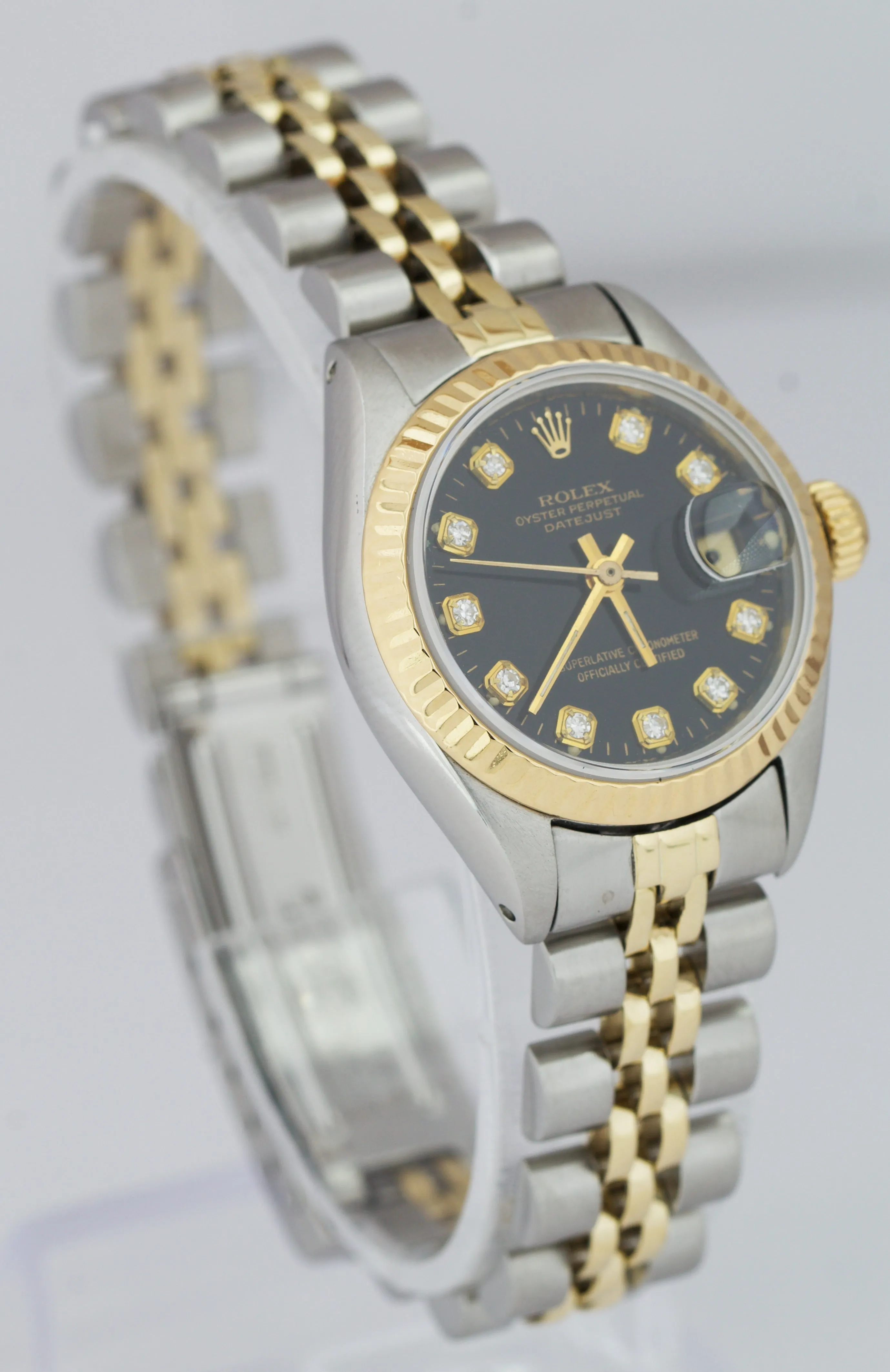 Ladies Rolex 26mm 6917 Two-Tone Gold Steel Black Diamond Dial Watch DateJust