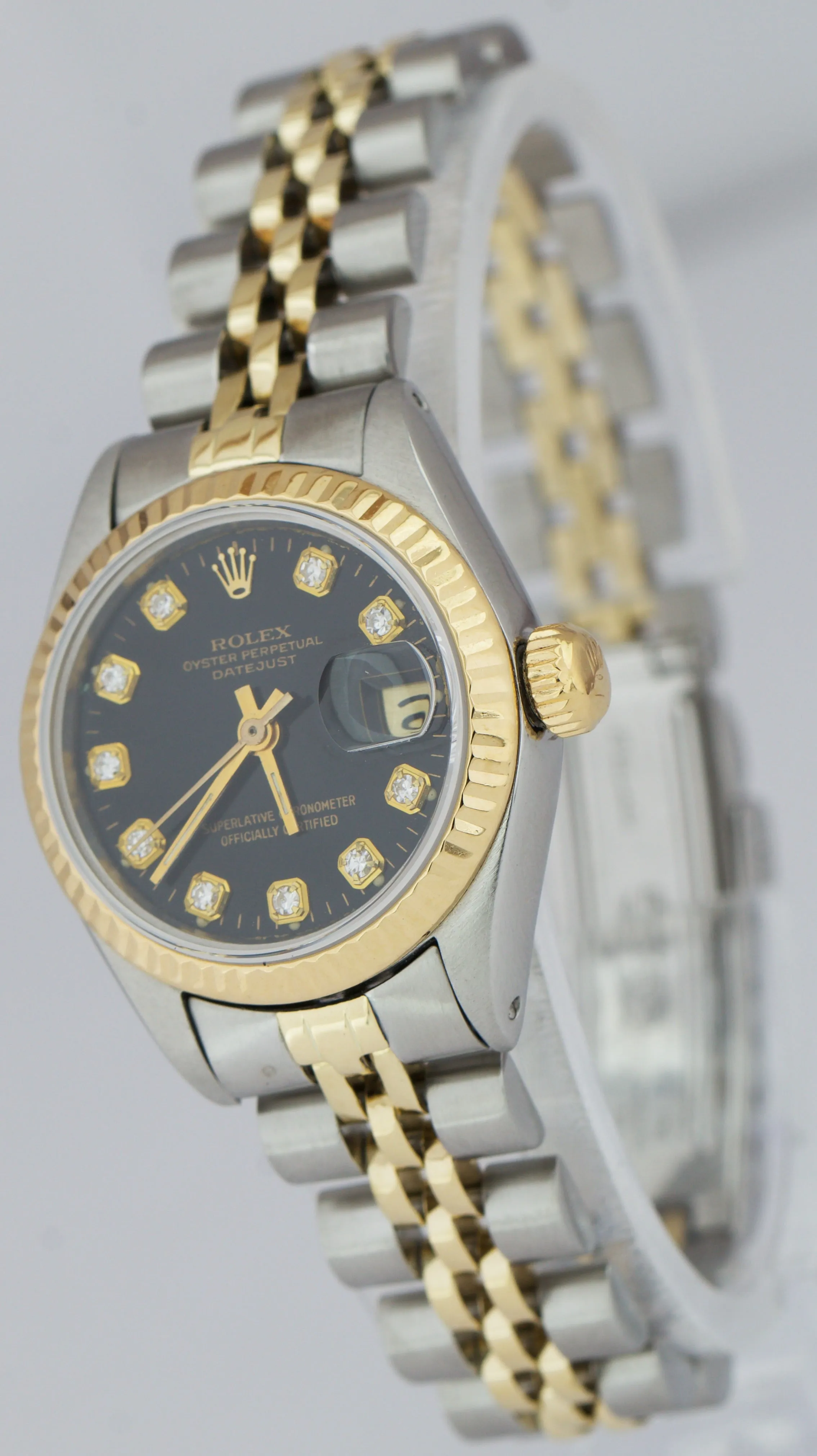 Ladies Rolex 26mm 6917 Two-Tone Gold Steel Black Diamond Dial Watch DateJust