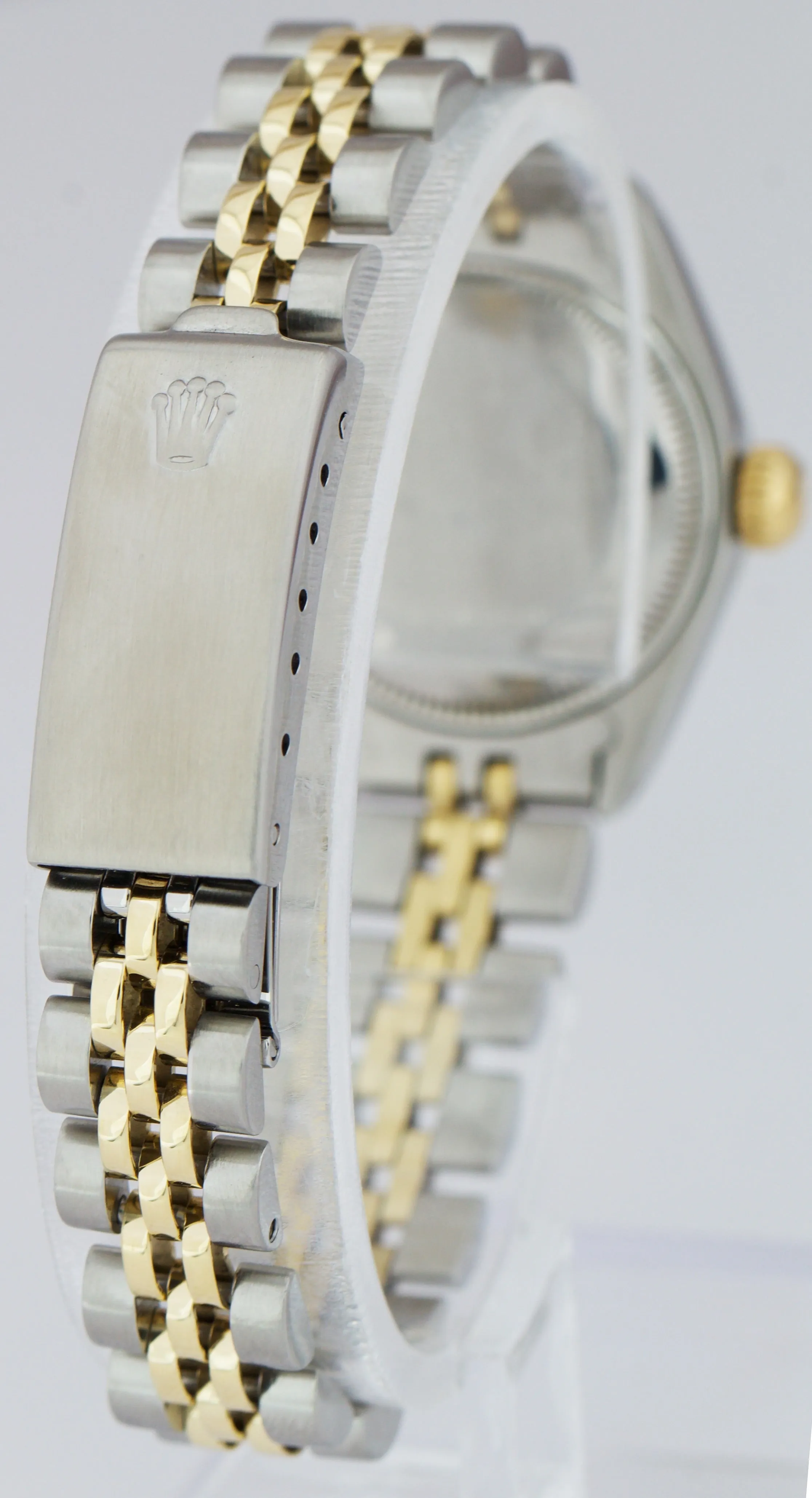 Ladies Rolex 26mm 6917 Two-Tone Gold Steel Black Diamond Dial Watch DateJust