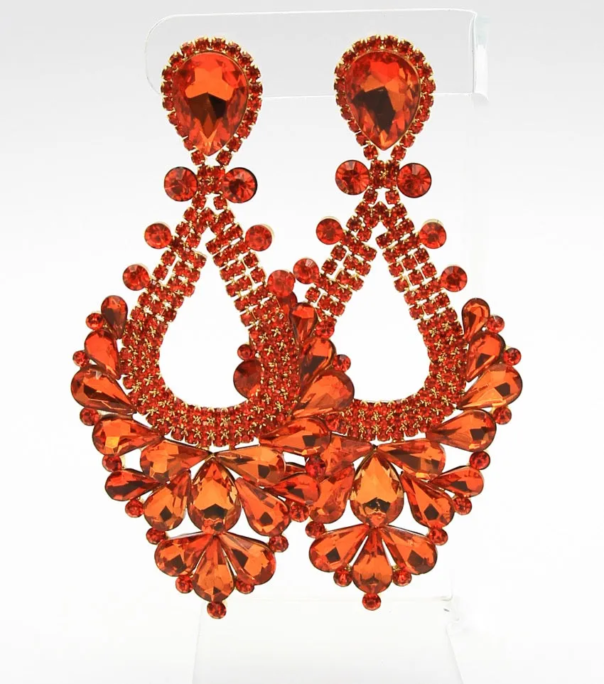 Large Orange Crystal Statement Pageant Earrings  | 476314