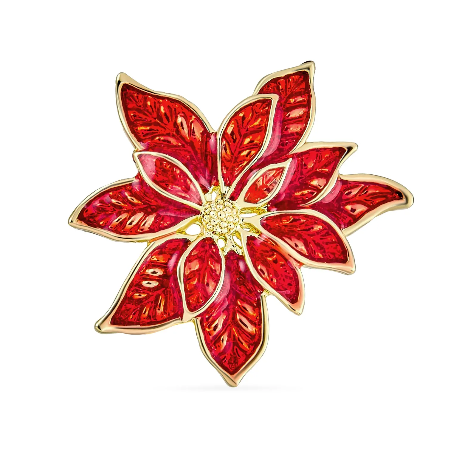 Large Poinsettia Brooch & Clip-On Earrings Christmas Jewelry Set Gold Plated