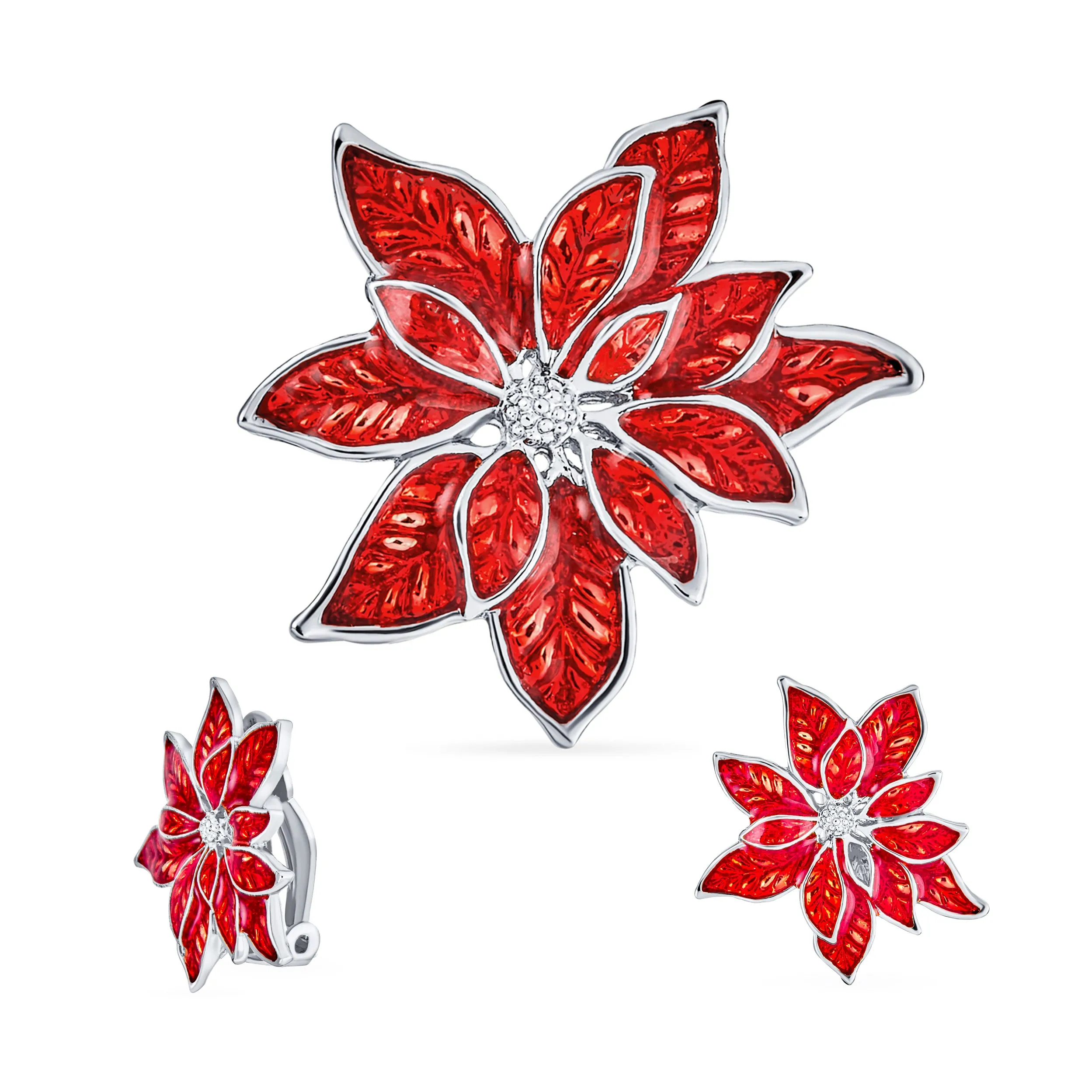 Large Poinsettia Brooch & Clip-On Earrings Christmas Jewelry Set Gold Plated