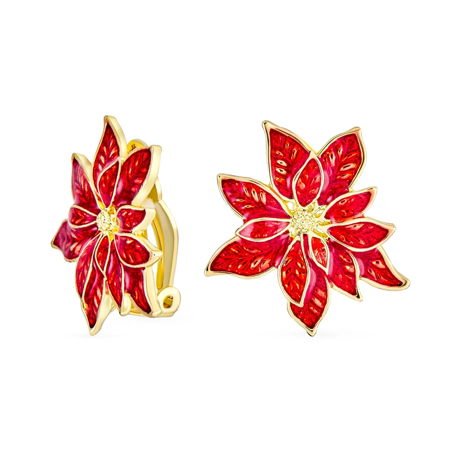 Large Poinsettia Brooch & Clip-On Earrings Christmas Jewelry Set Gold Plated
