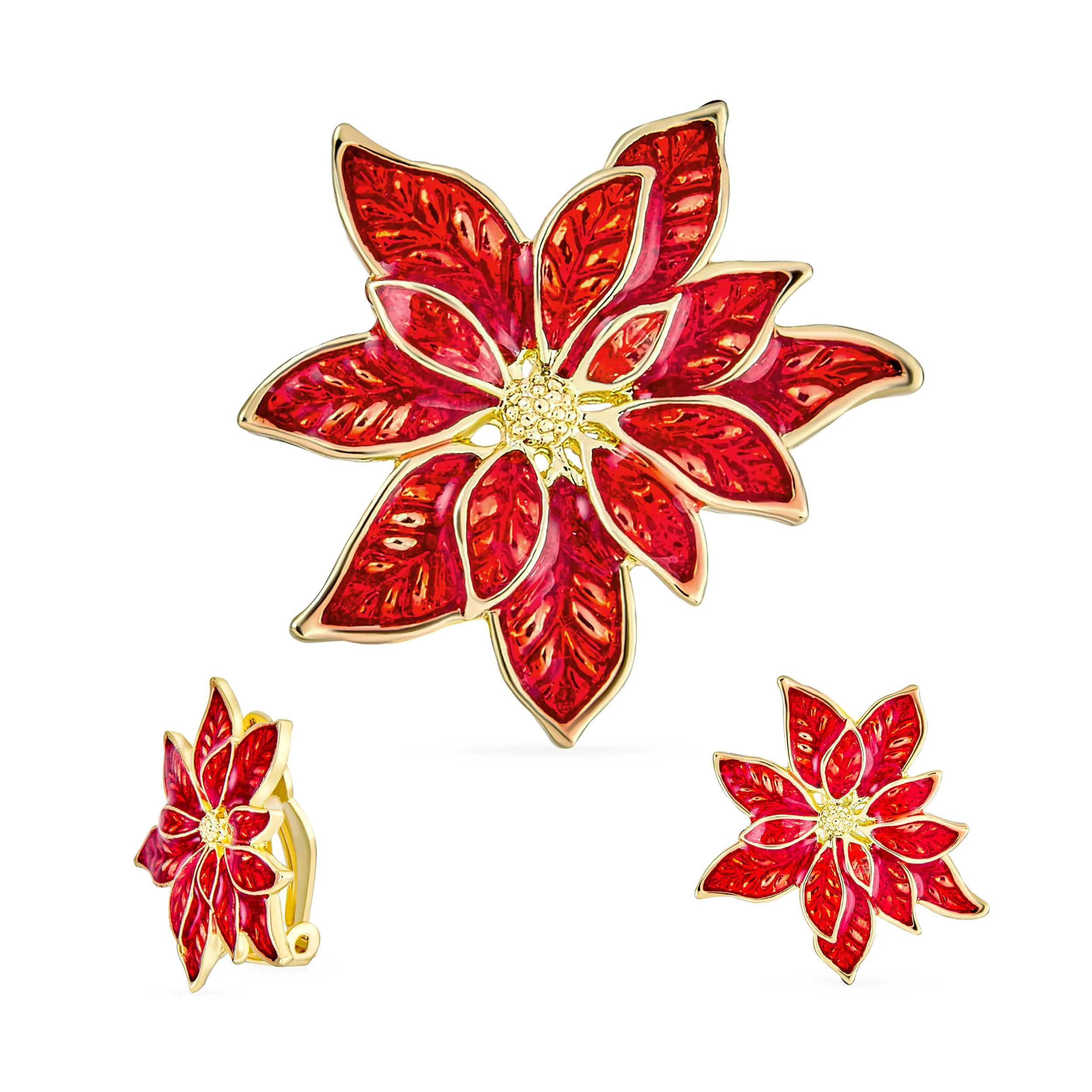 Large Poinsettia Brooch & Clip-On Earrings Christmas Jewelry Set Gold Plated