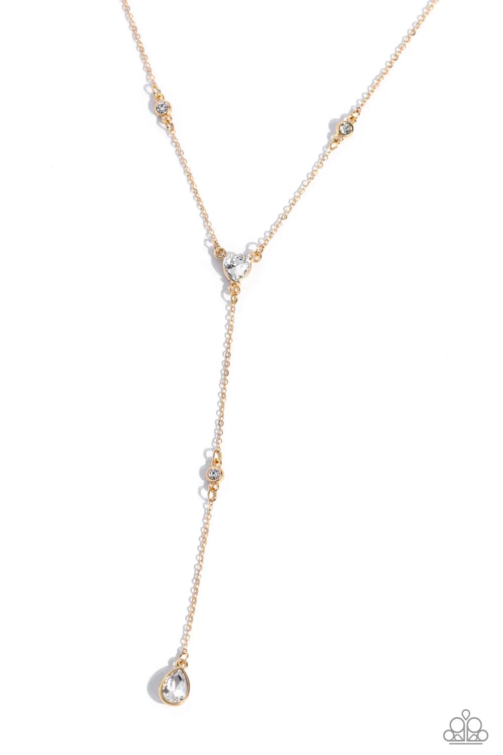 Lavish Lariat - Gold - White Round, Teardrop, Heart Rhinestone Y-Shaped Paparazzi Short Necklace