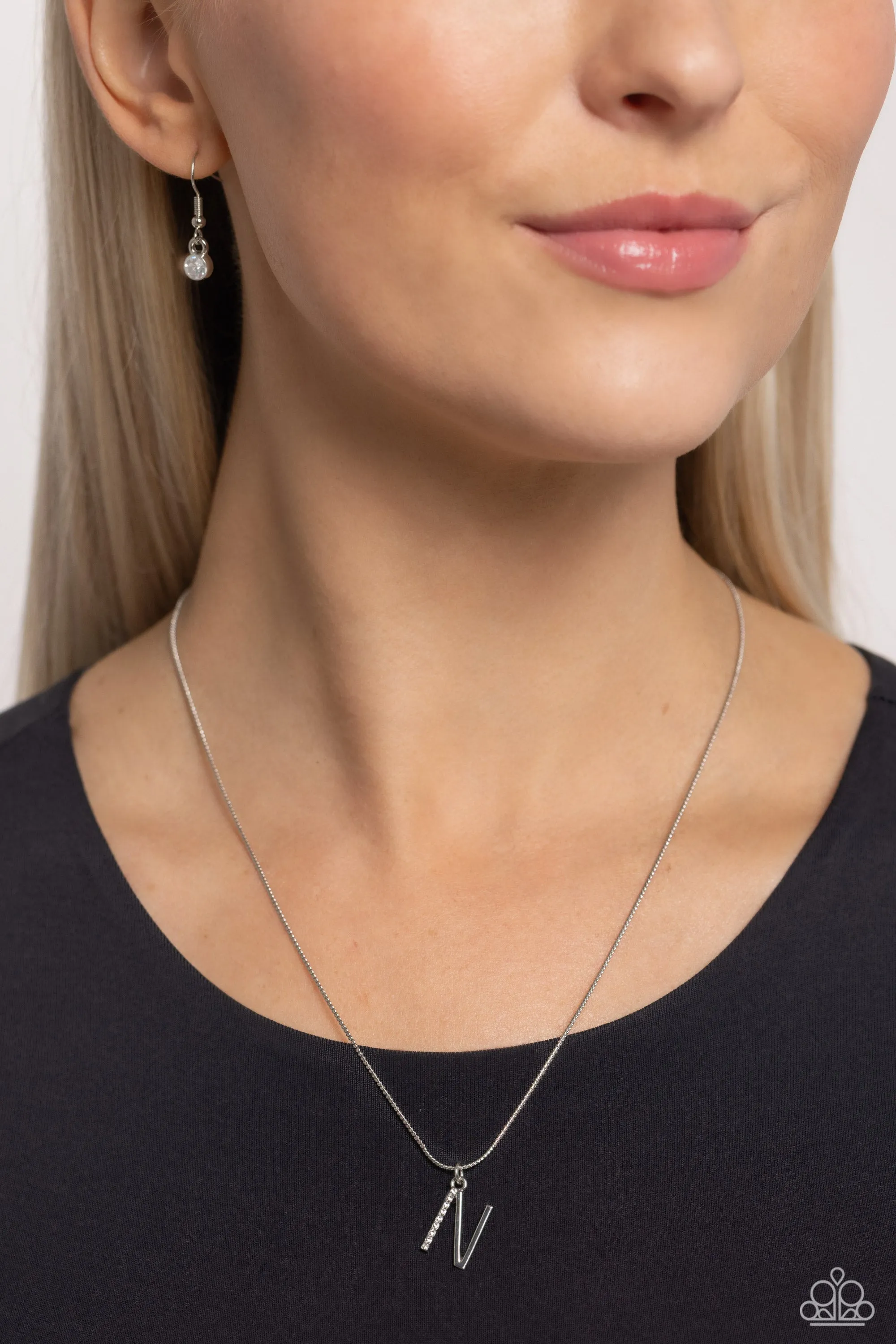 Letter of the Law - N - White Rhinestone Silver Initial Paparazzi Short Necklace