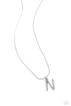 Letter of the Law - N - White Rhinestone Silver Initial Paparazzi Short Necklace