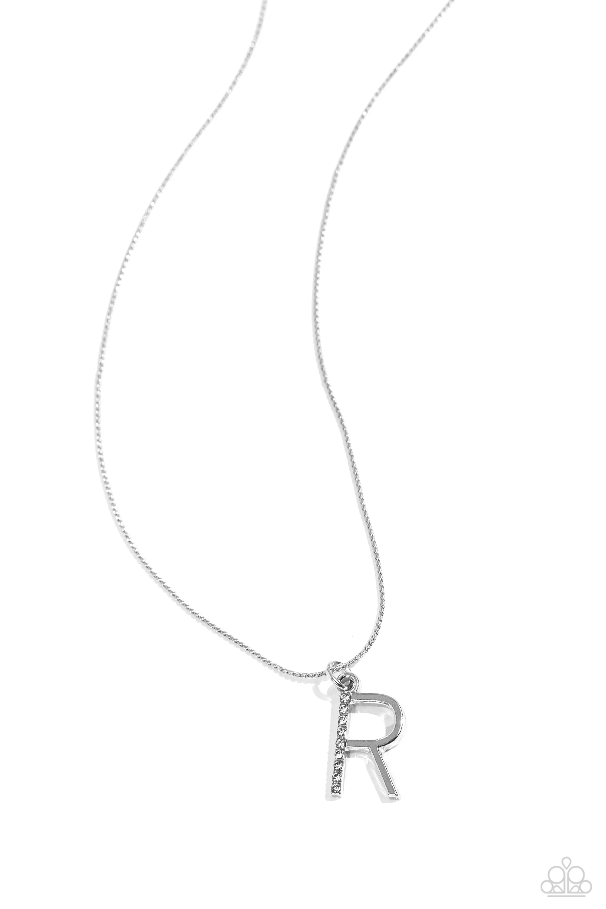 Letter of the Law -  R - White Rhinestone Silver Initial Paparazzi Short Necklace