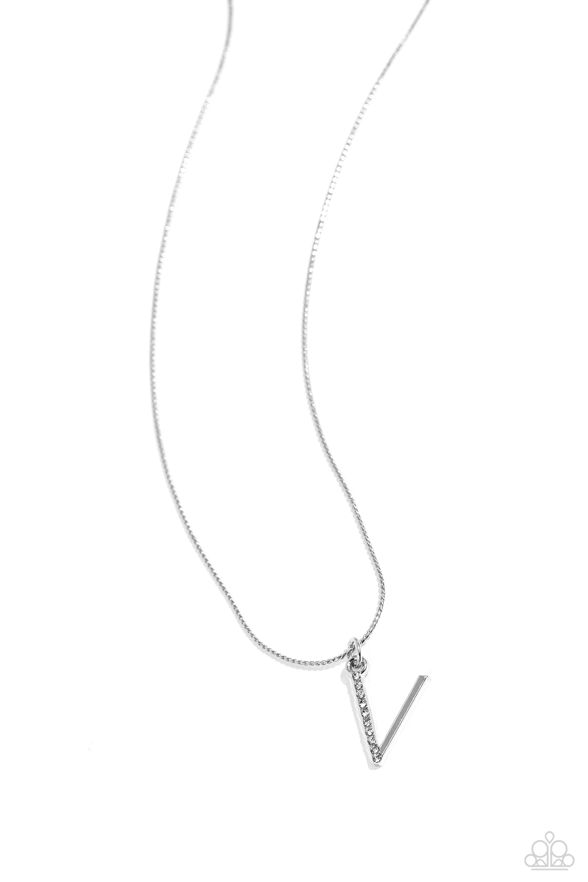 Letter of the Law - V - White Rhinestone Silver Initial Paparazzi Short Necklace