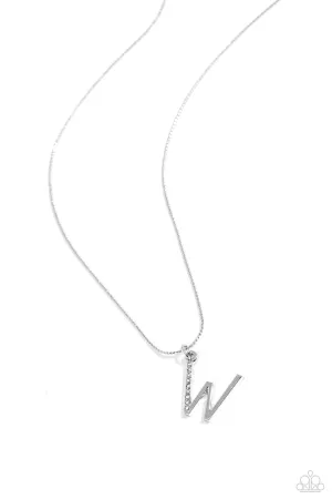 Letter of the Law - W - White Rhinestone Silver Initial Paparazzi Short Necklace