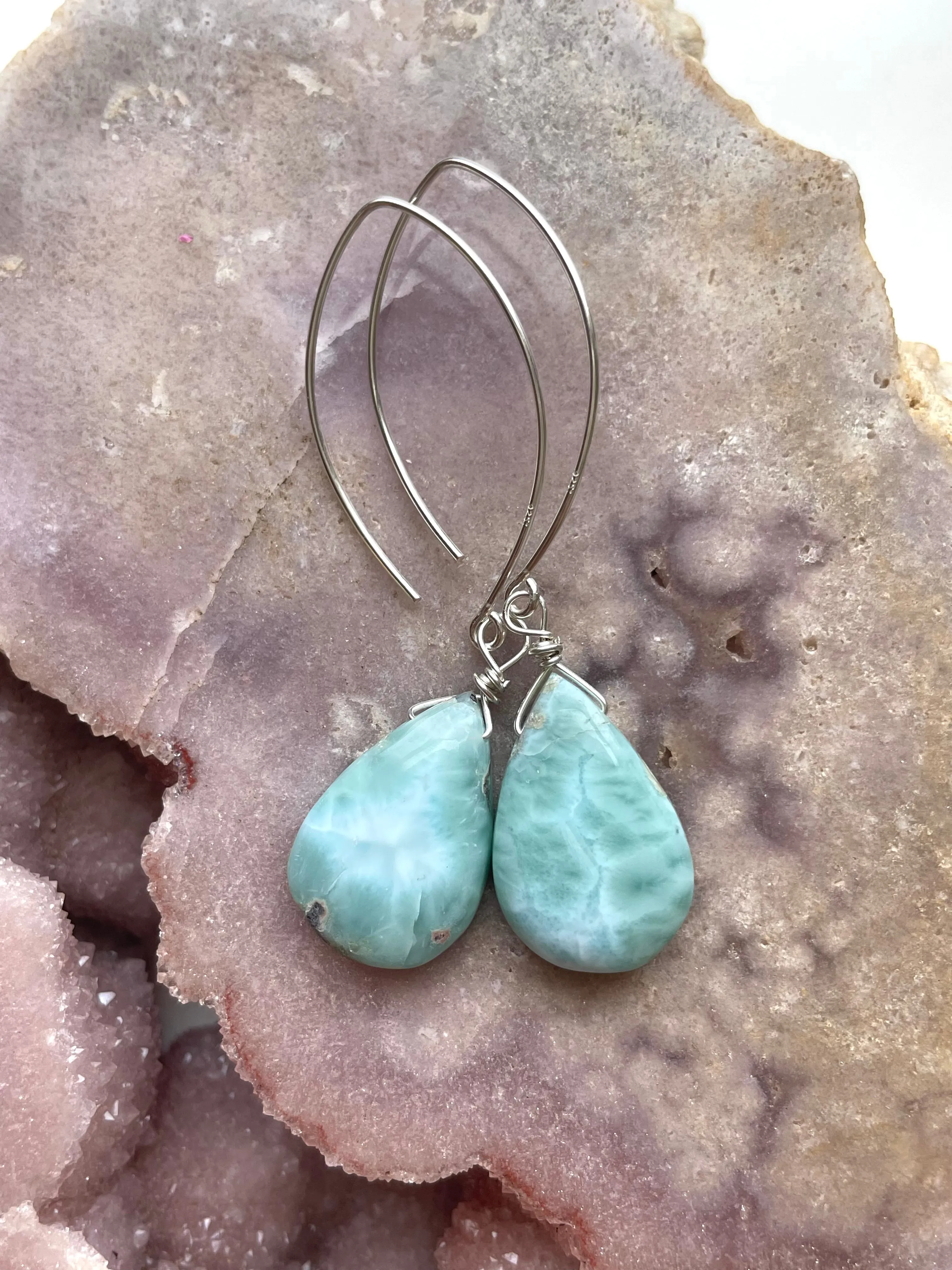 Long Larimar Earrings Dangle Sterling Silver