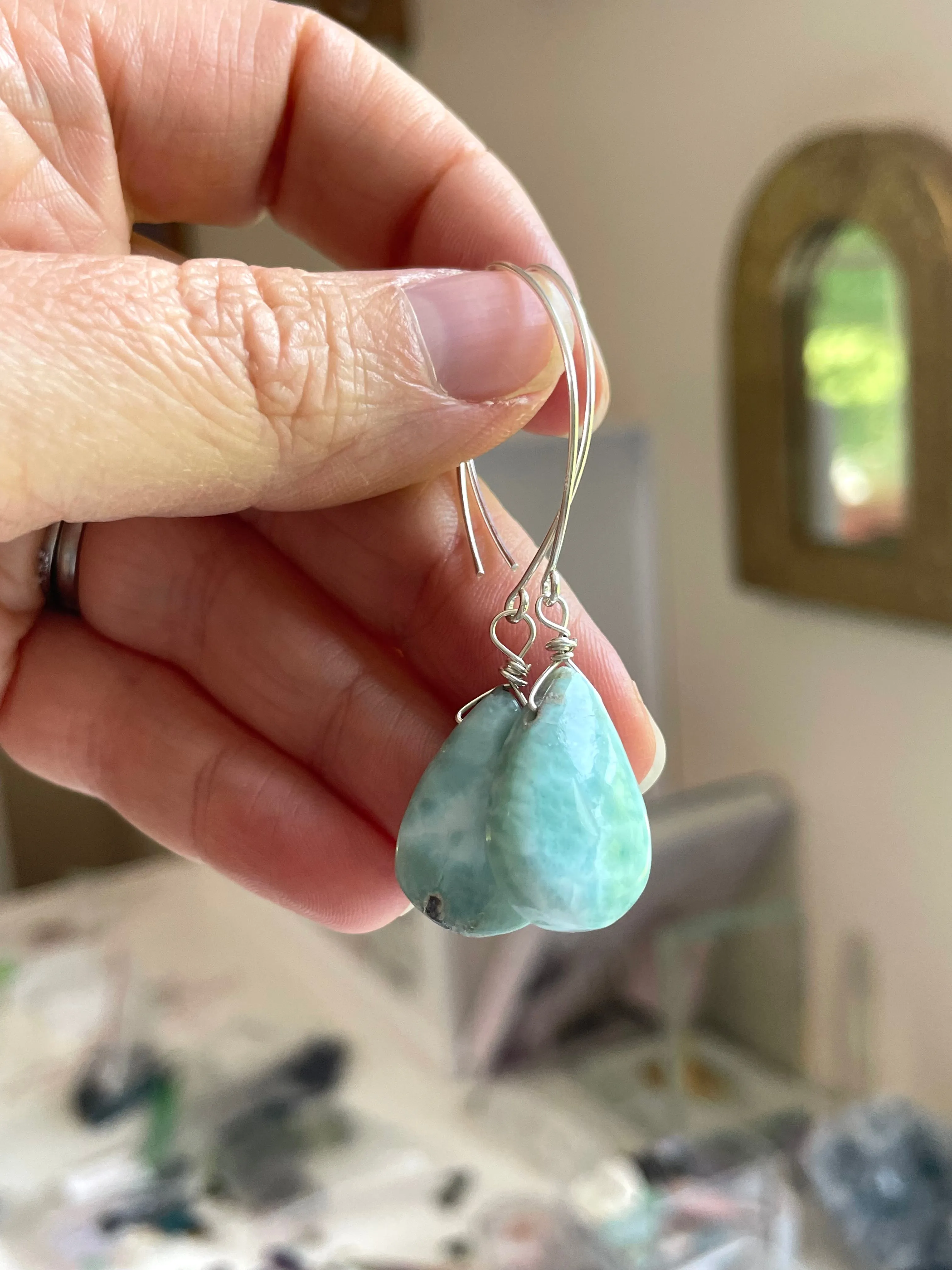 Long Larimar Earrings Dangle Sterling Silver
