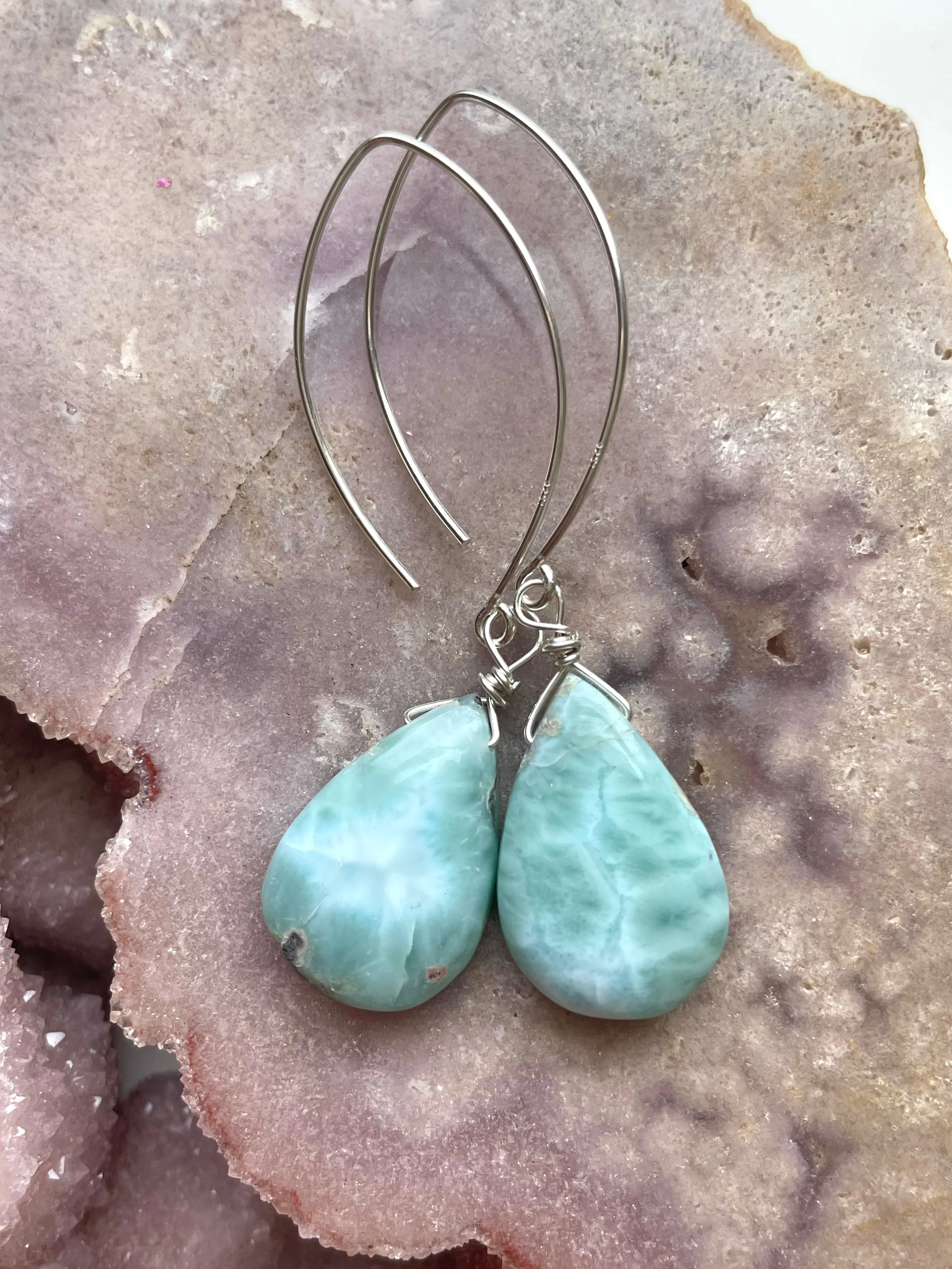 Long Larimar Earrings Dangle Sterling Silver