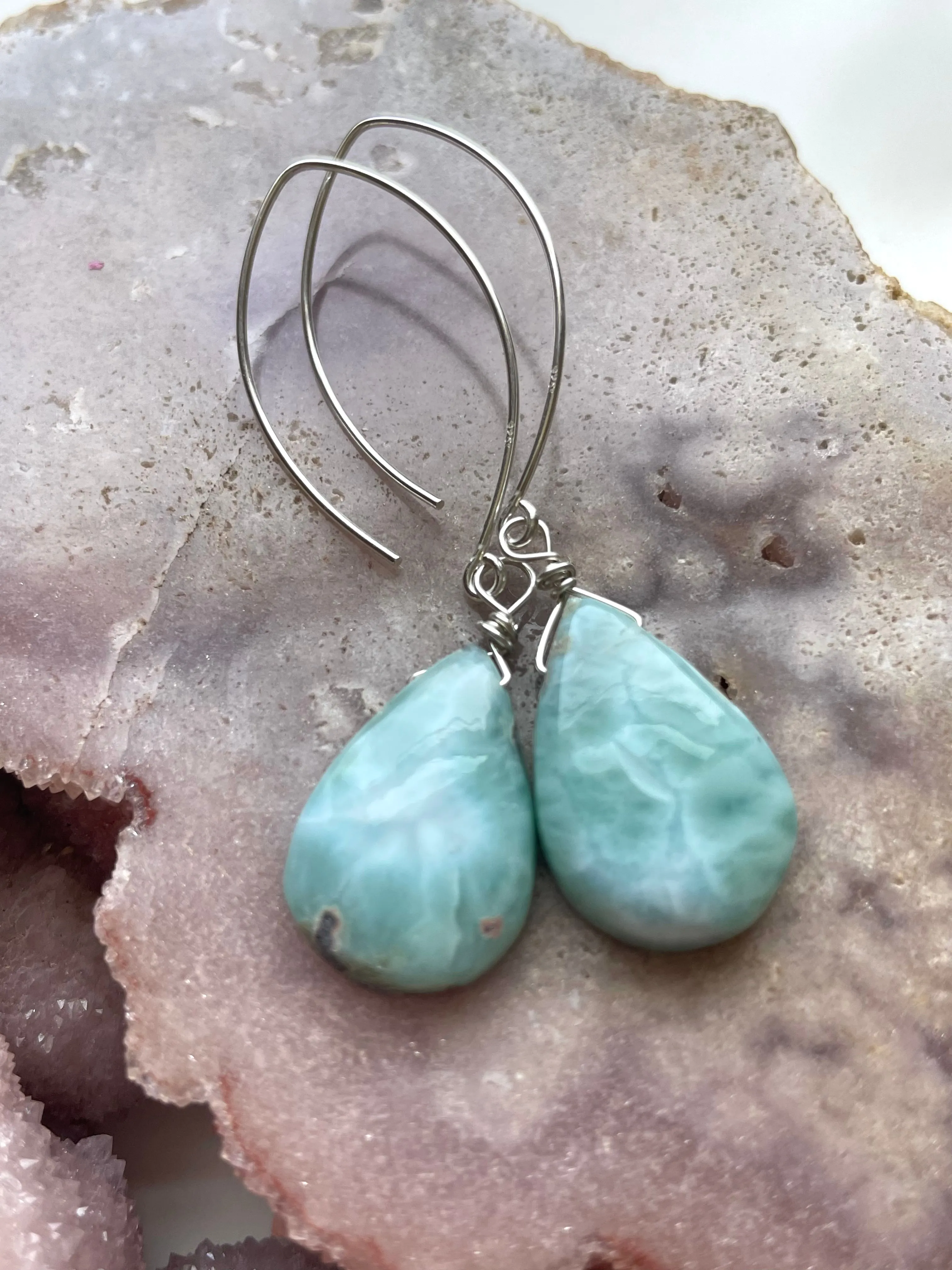 Long Larimar Earrings Dangle Sterling Silver