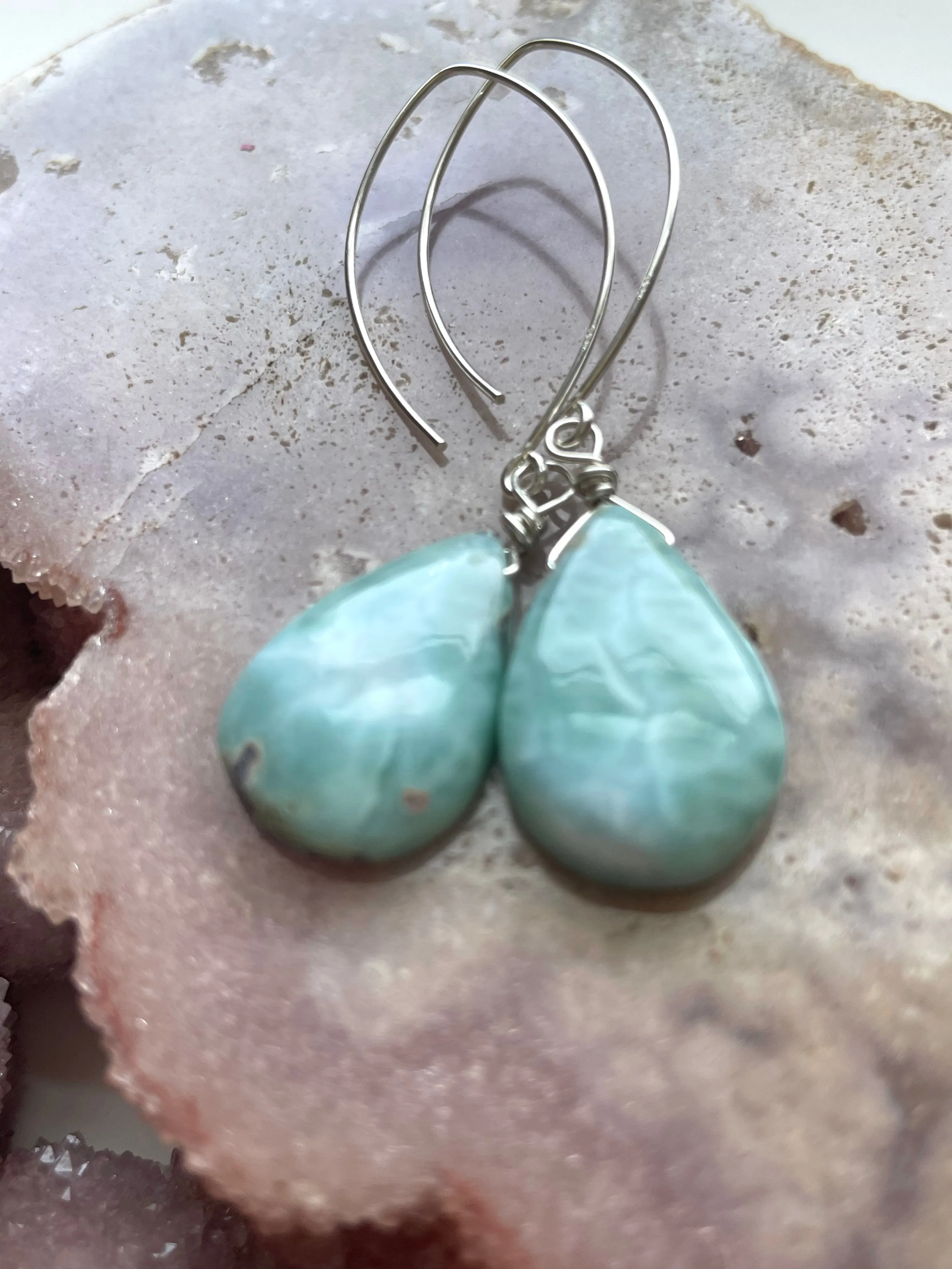 Long Larimar Earrings Dangle Sterling Silver